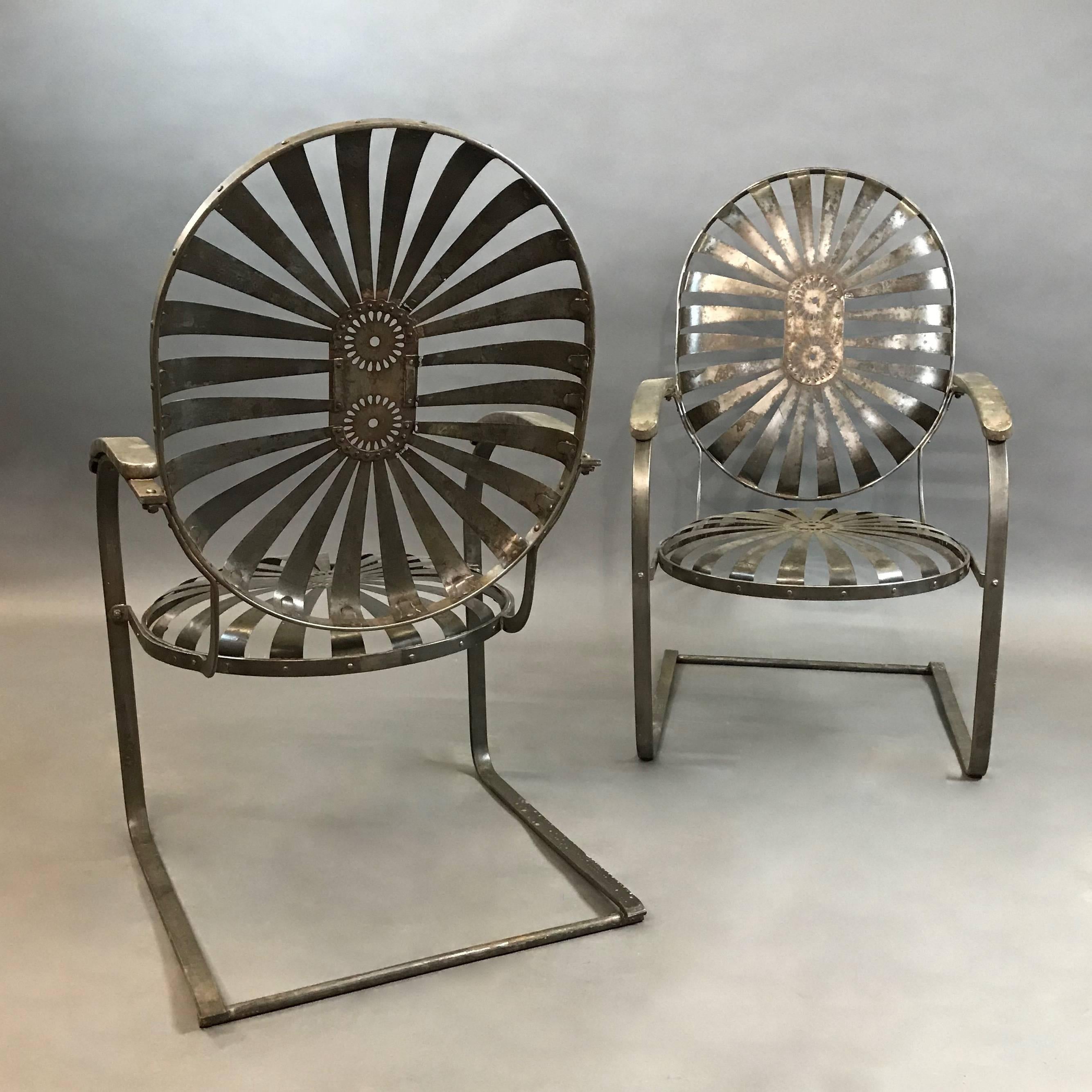Steel Pair of French Art Deco Cantilever Francois Carré Sunburst Armchairs