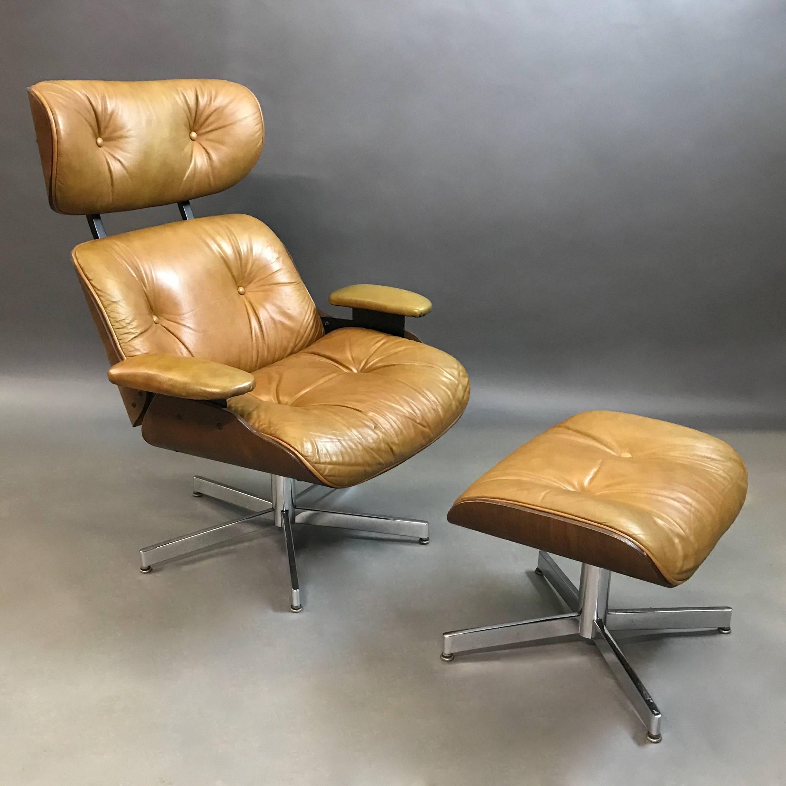 Tan leather lounge chair with matching ottoman by George Mulhauser for Plycraft features a bent walnut body with chromed metal bases. The chair has an adjustable spring for reclining. The Ottoman measures 21.50in w x 17in d x 15in ht.