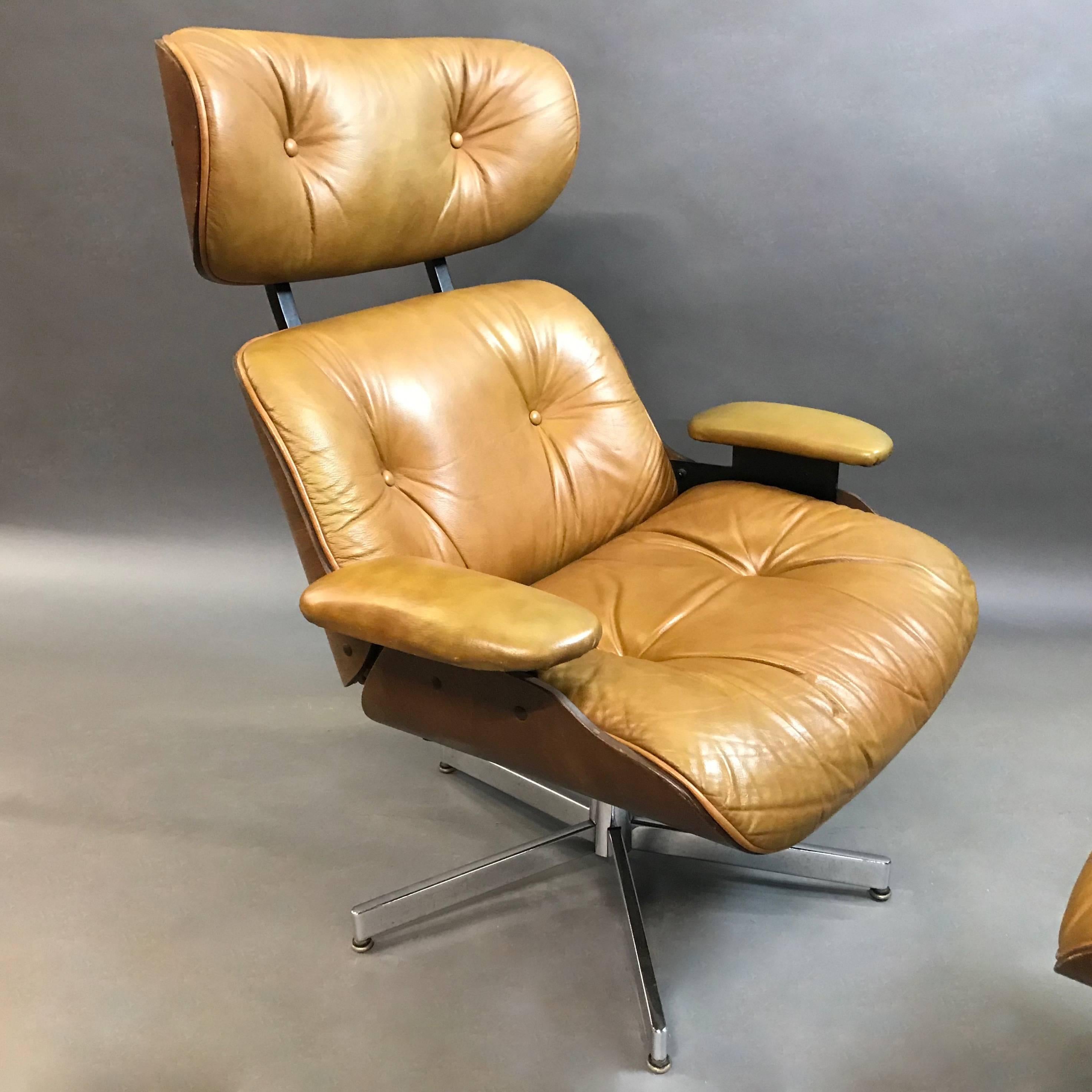 Mid-Century Modern George Mulhauser for Plycraft Tan Leather Lounge Chair and Ottoman
