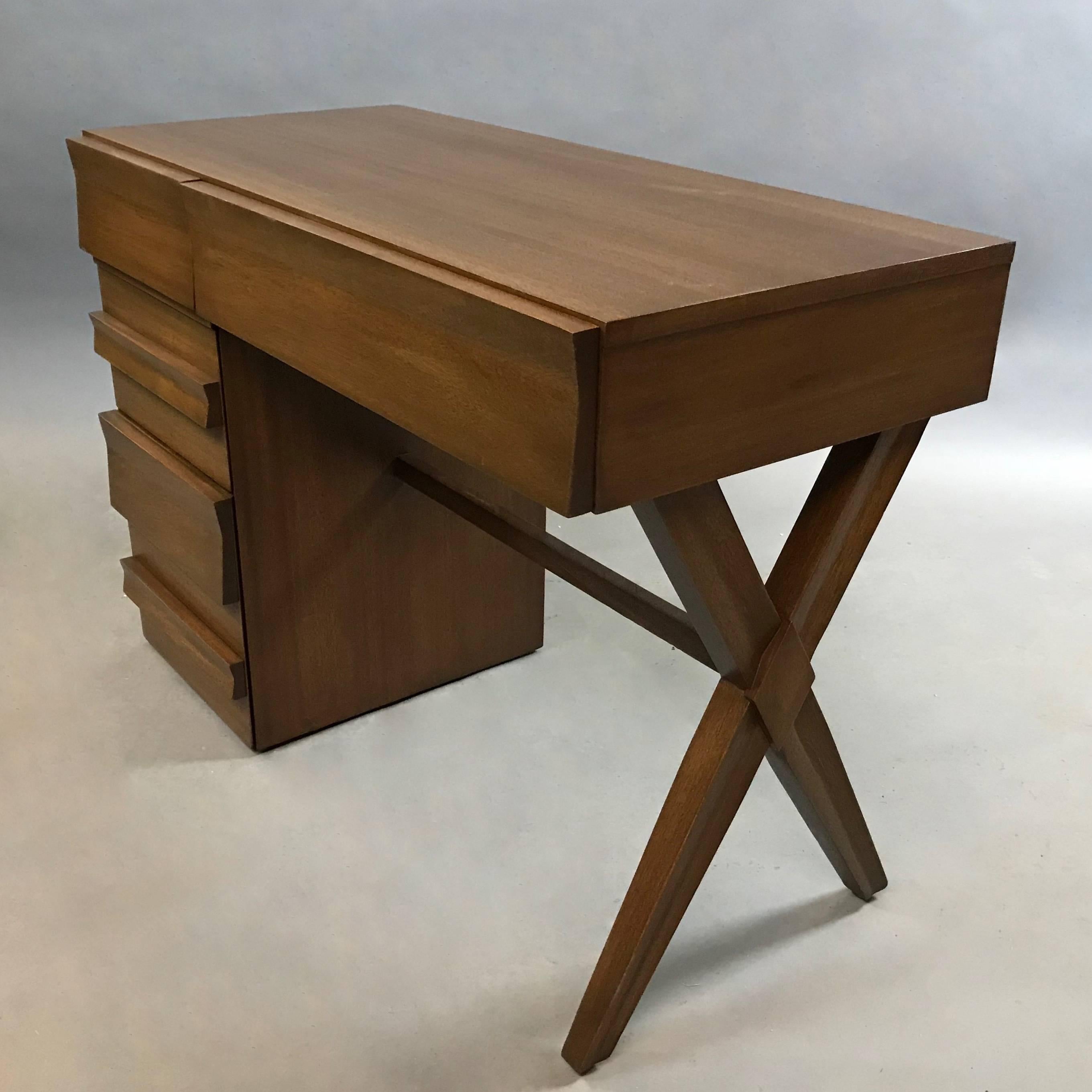 American Mid-Century Modern Mahogany X-Base Pedestal Desk