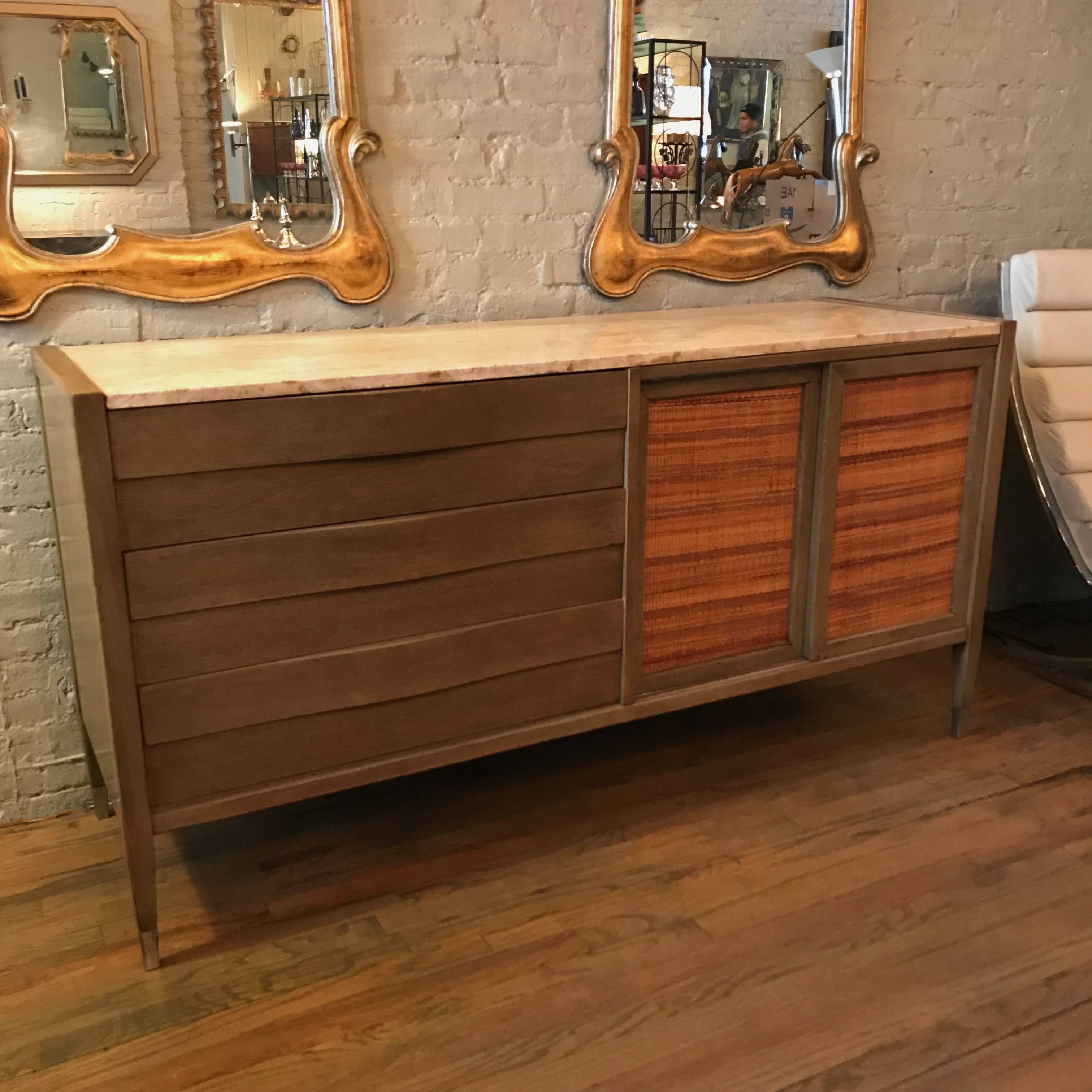 Mid-Century Modern Mahogany and Travertine Credenza Sideboard by American of Martinsville