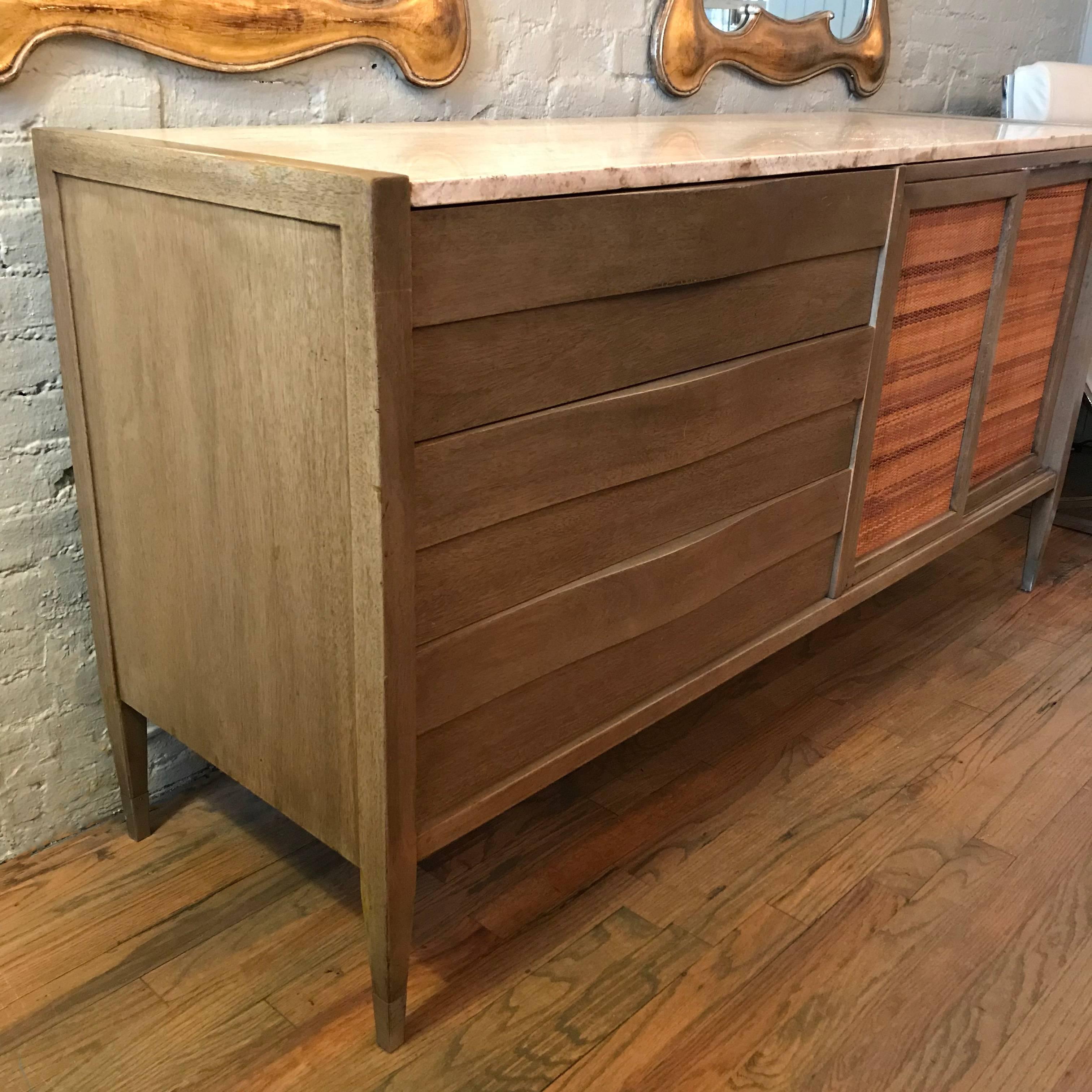 Mahogany and Travertine Credenza Sideboard by American of Martinsville In Good Condition In Brooklyn, NY
