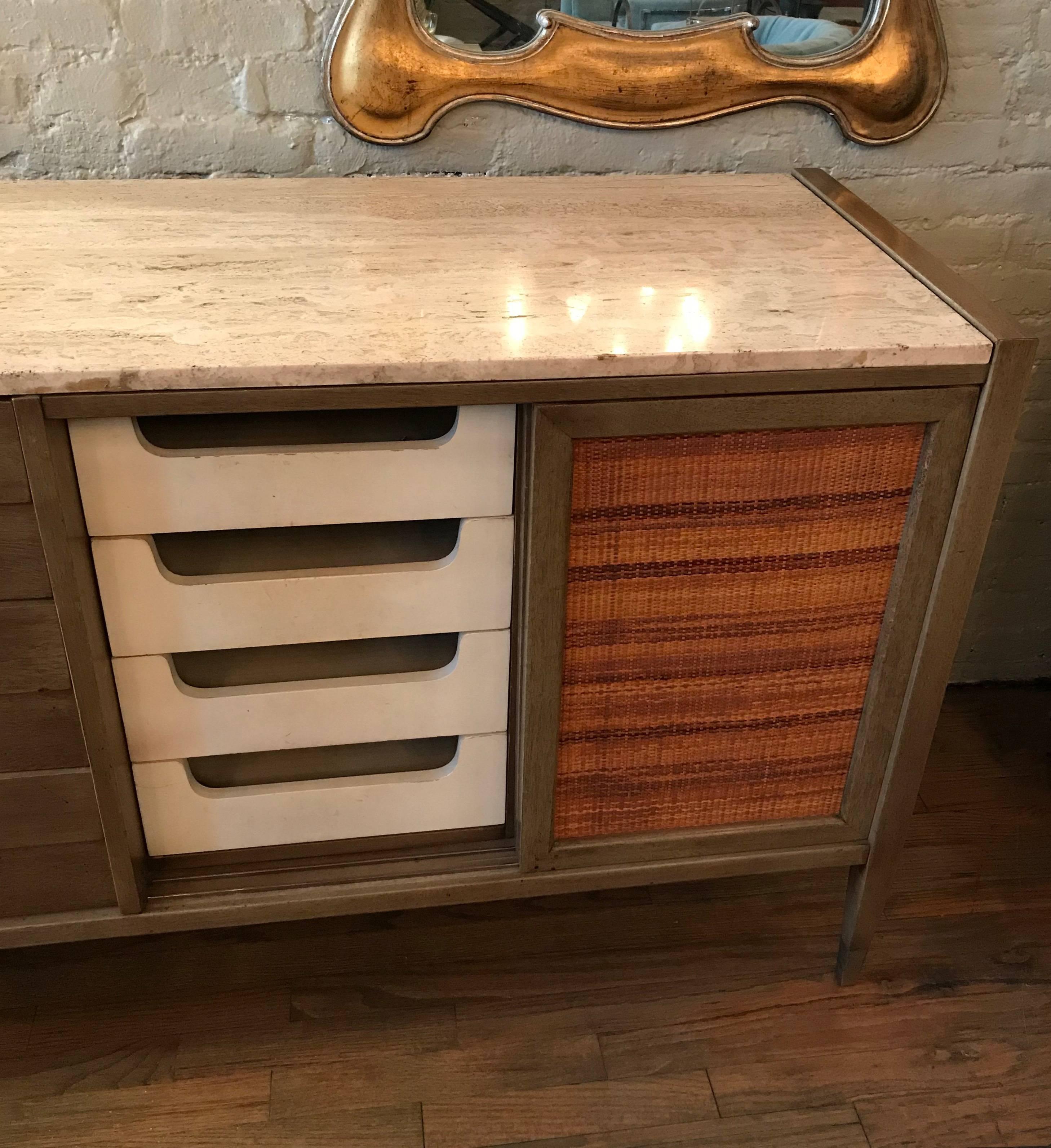 Mahogany and Travertine Credenza Sideboard by American of Martinsville 1