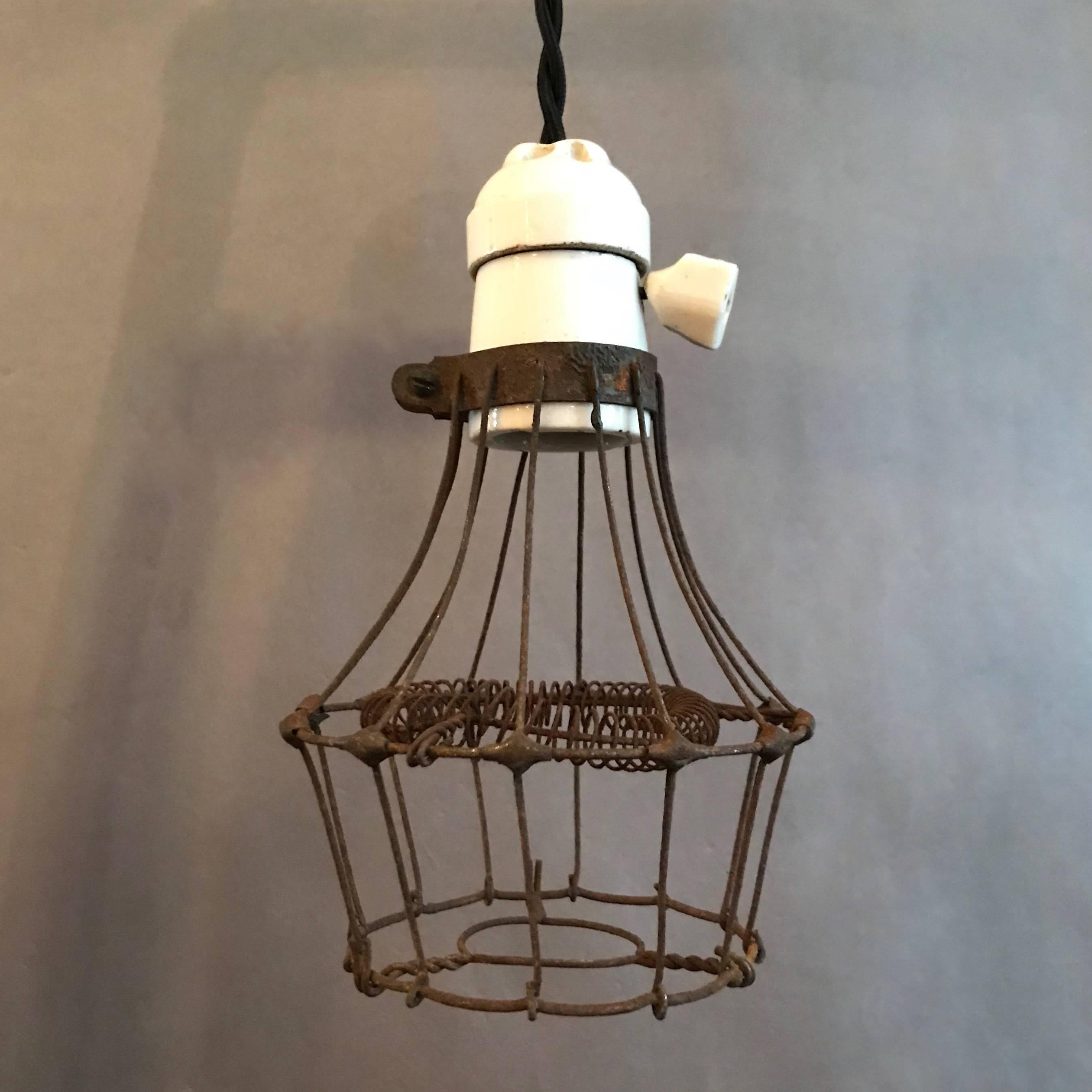 Industrial Porcelain and Steel Wire Cage Pendant Light In Good Condition In Brooklyn, NY