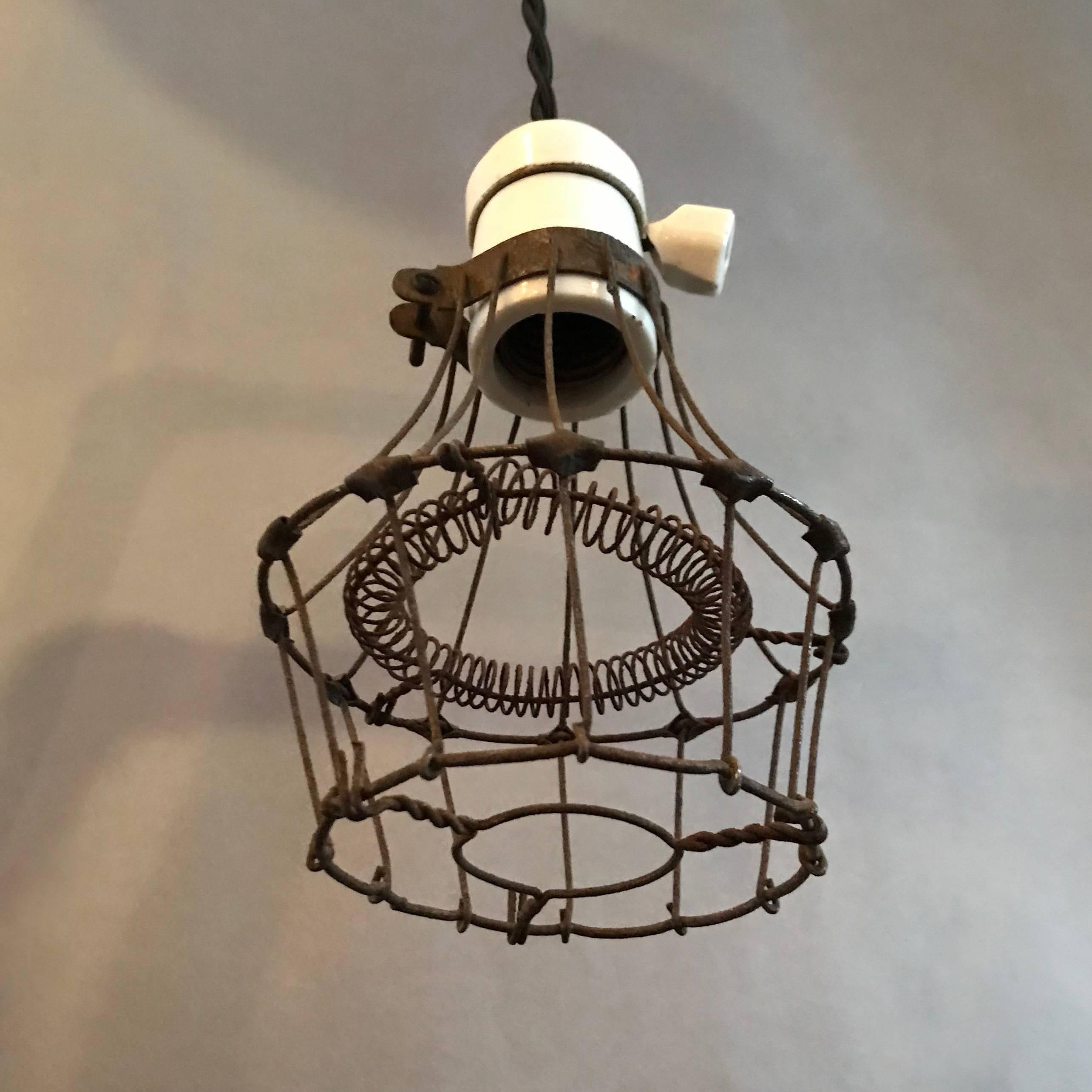 Industrial Porcelain and Steel Wire Cage Pendant Light 1