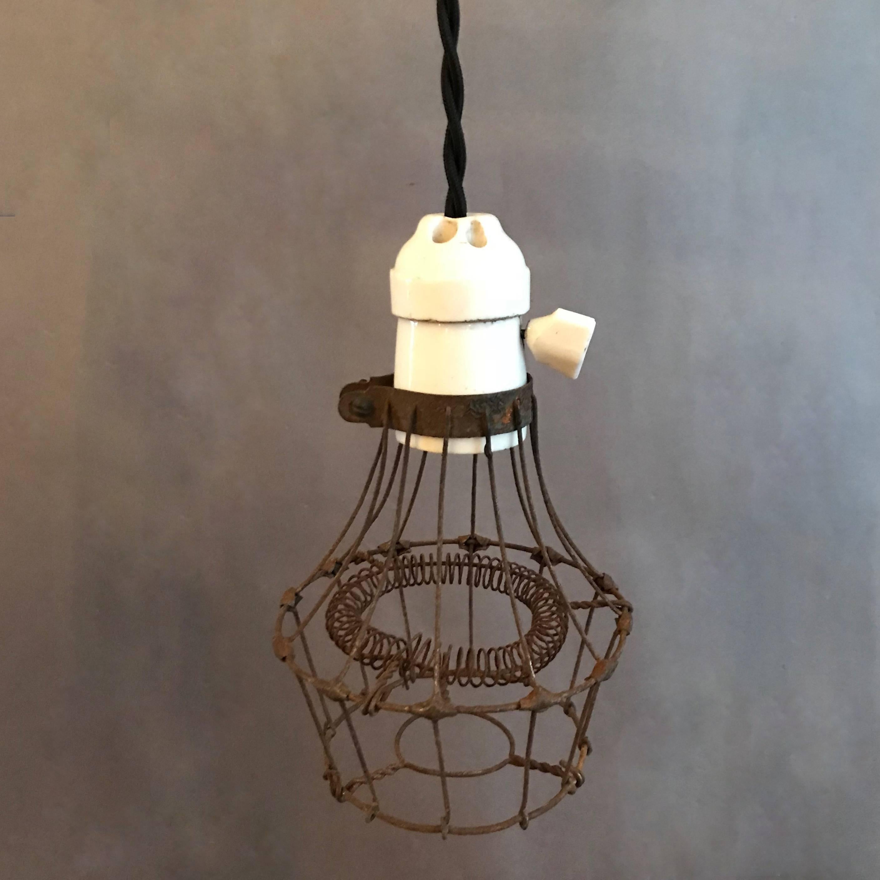 American Industrial Porcelain and Steel Wire Cage Pendant Light