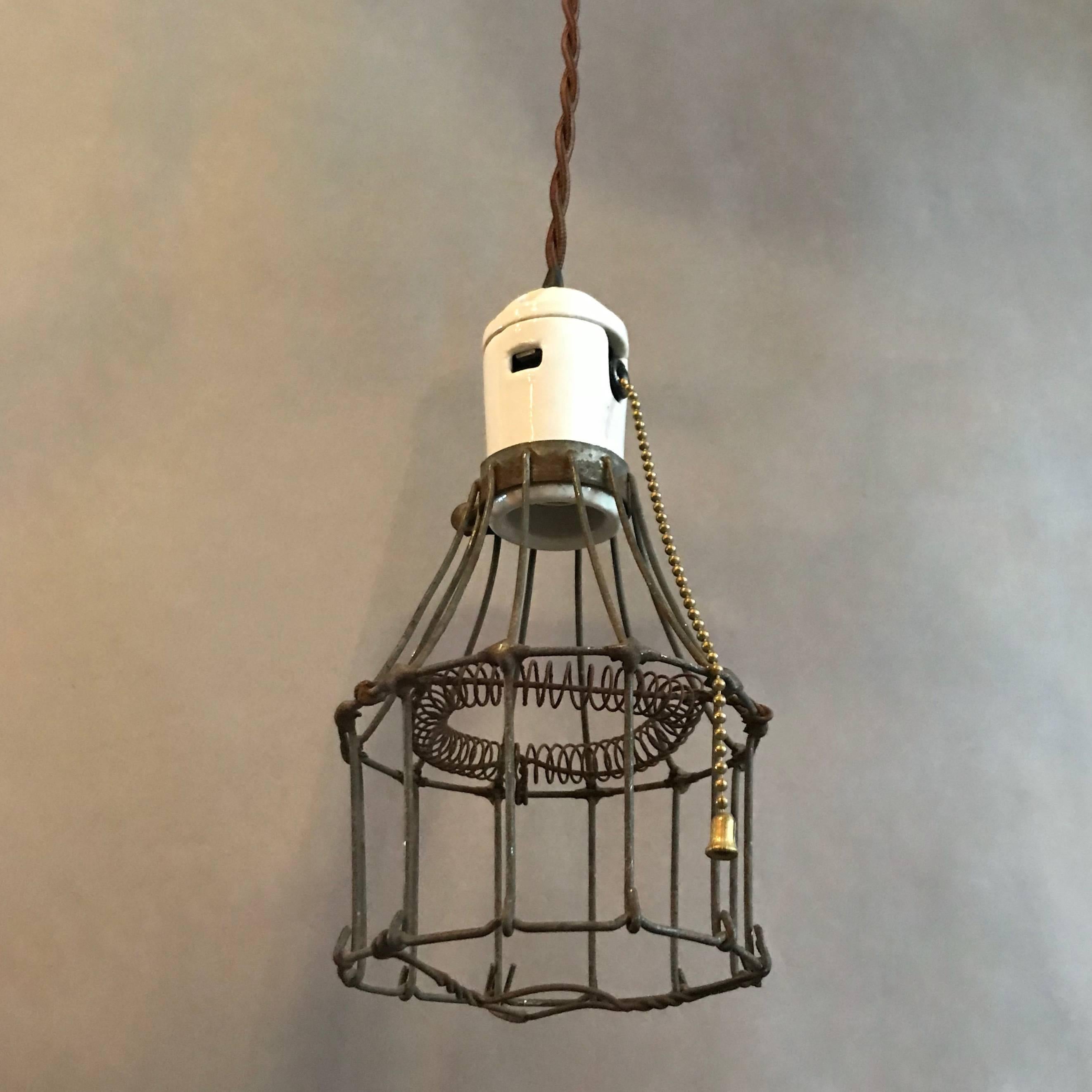 Industrial Porcelain and Steel Wire Cage Pendant Lights 2