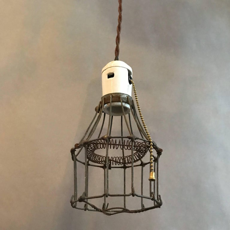 Industrial Porcelain and Steel Wire Cage Pendant Lights For Sale 2