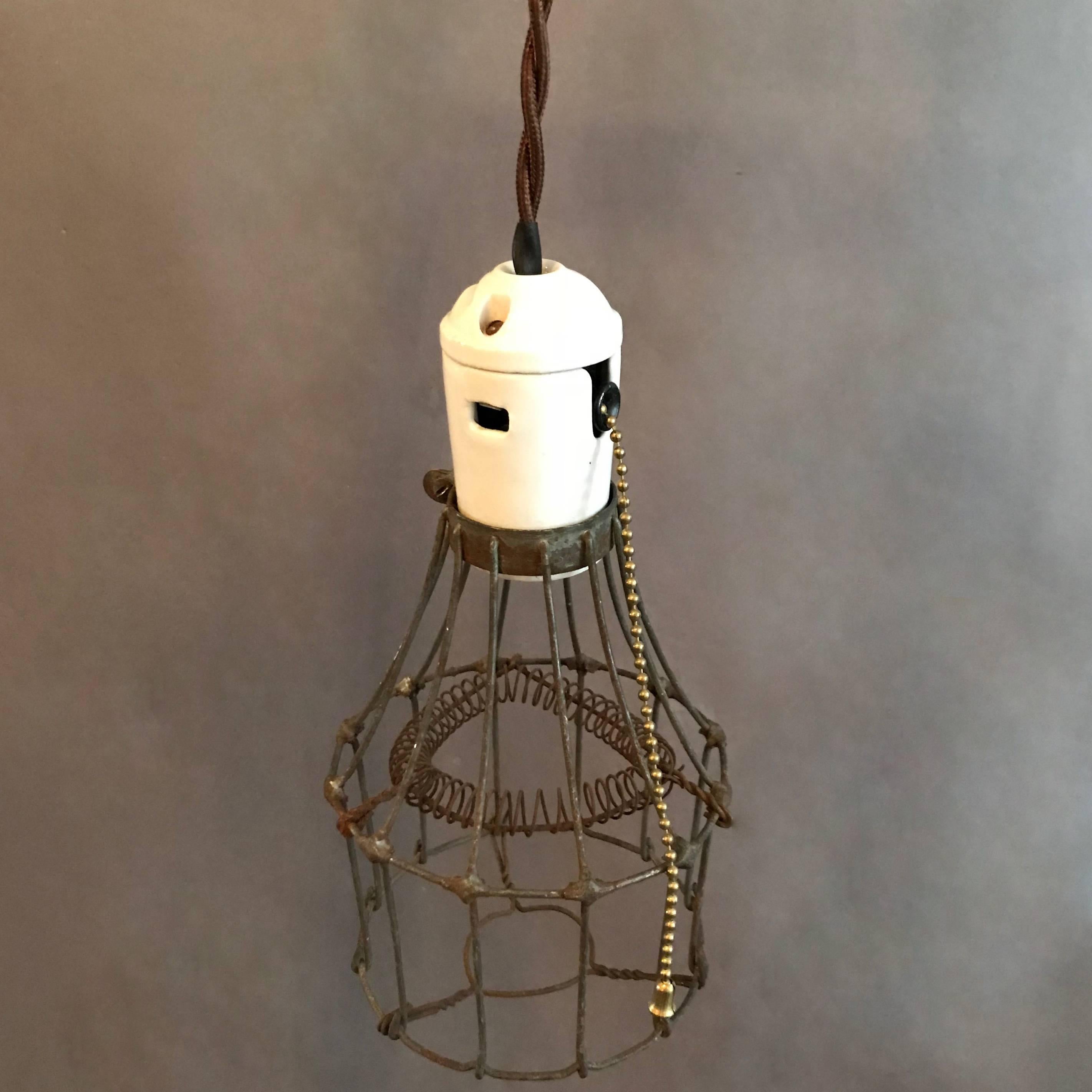 Industrial Porcelain and Steel Wire Cage Pendant Lights 1