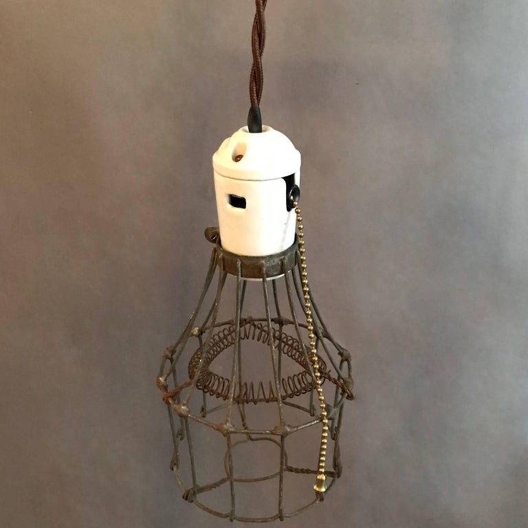 Industrial Porcelain and Steel Wire Cage Pendant Lights For Sale 1