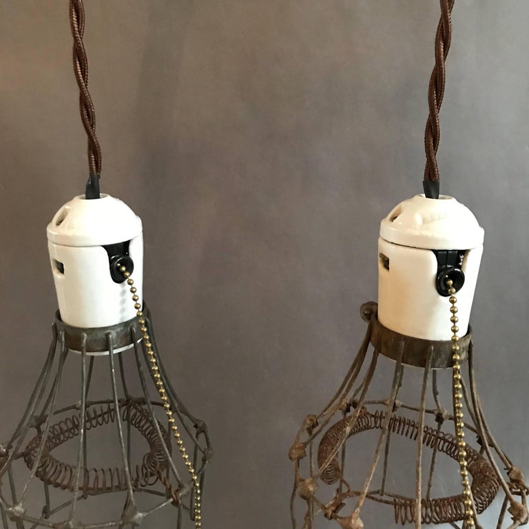 American Industrial Porcelain and Steel Wire Cage Pendant Lights For Sale