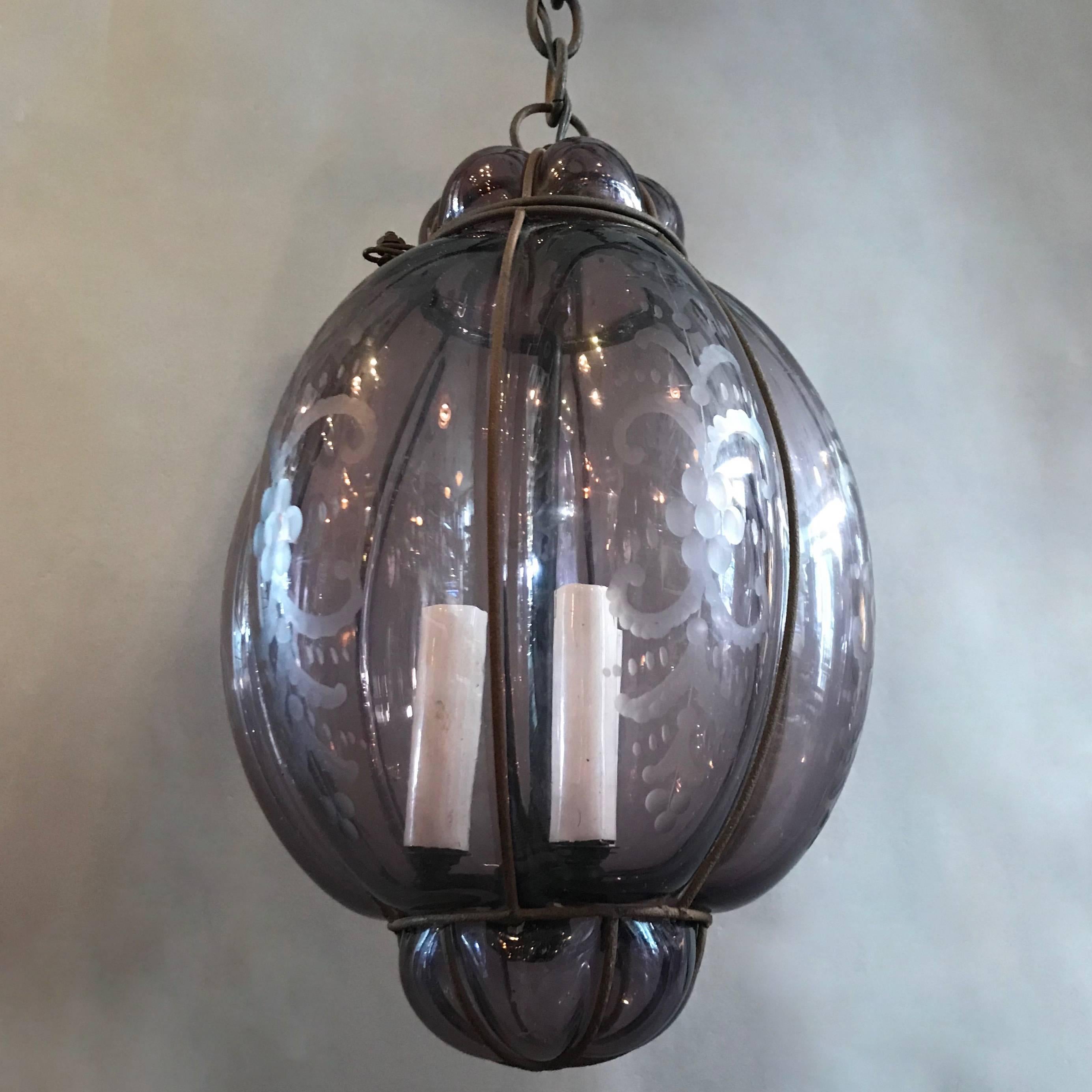 Italian Handblown Caged Amethyst Murano Glass Pendant Light In Excellent Condition In Brooklyn, NY