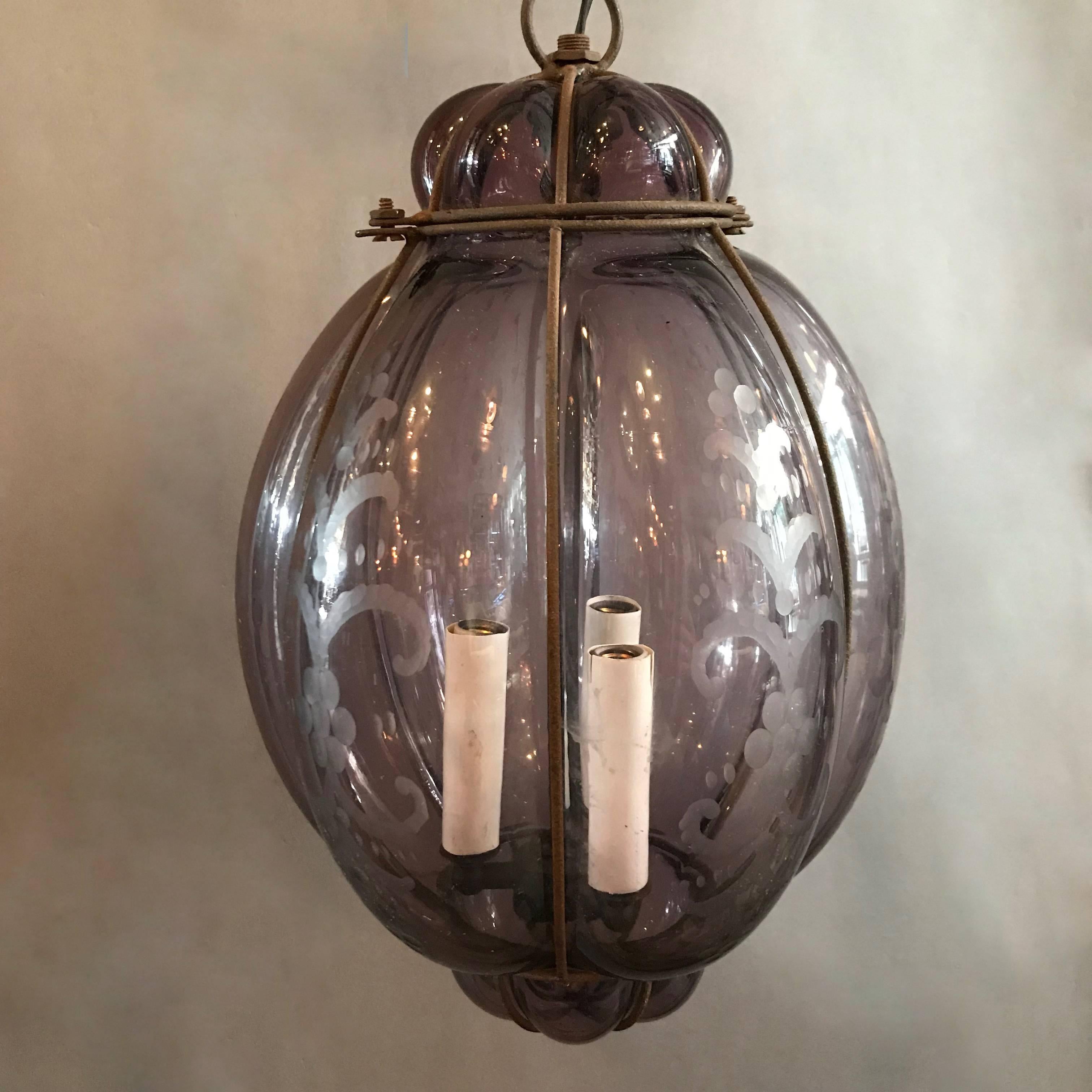 Mid-Century Modern Italian Handblown Caged Amethyst Murano Glass Pendant Light