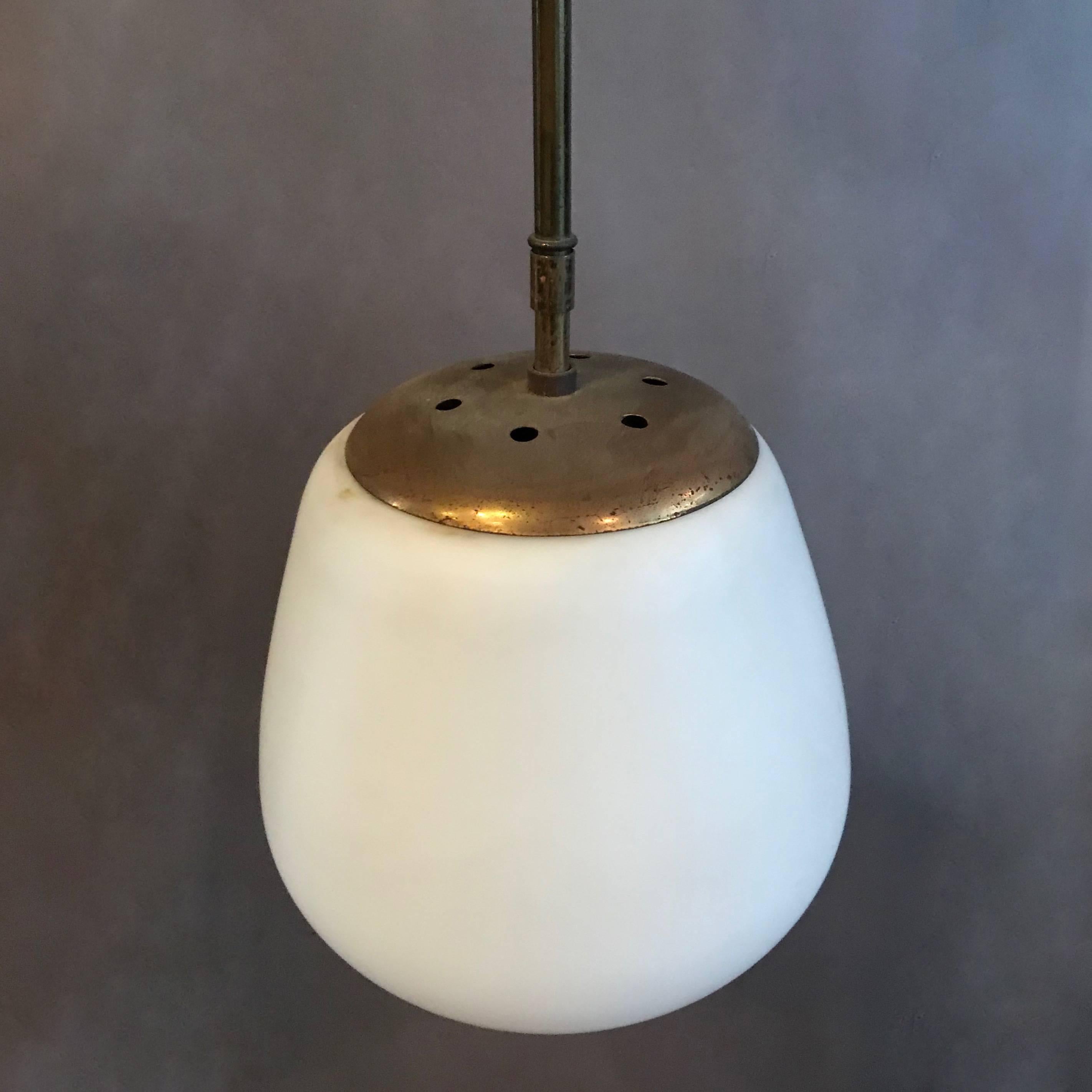Danish Modern Frosted Glass on Brass Pole Pendant In Excellent Condition In Brooklyn, NY