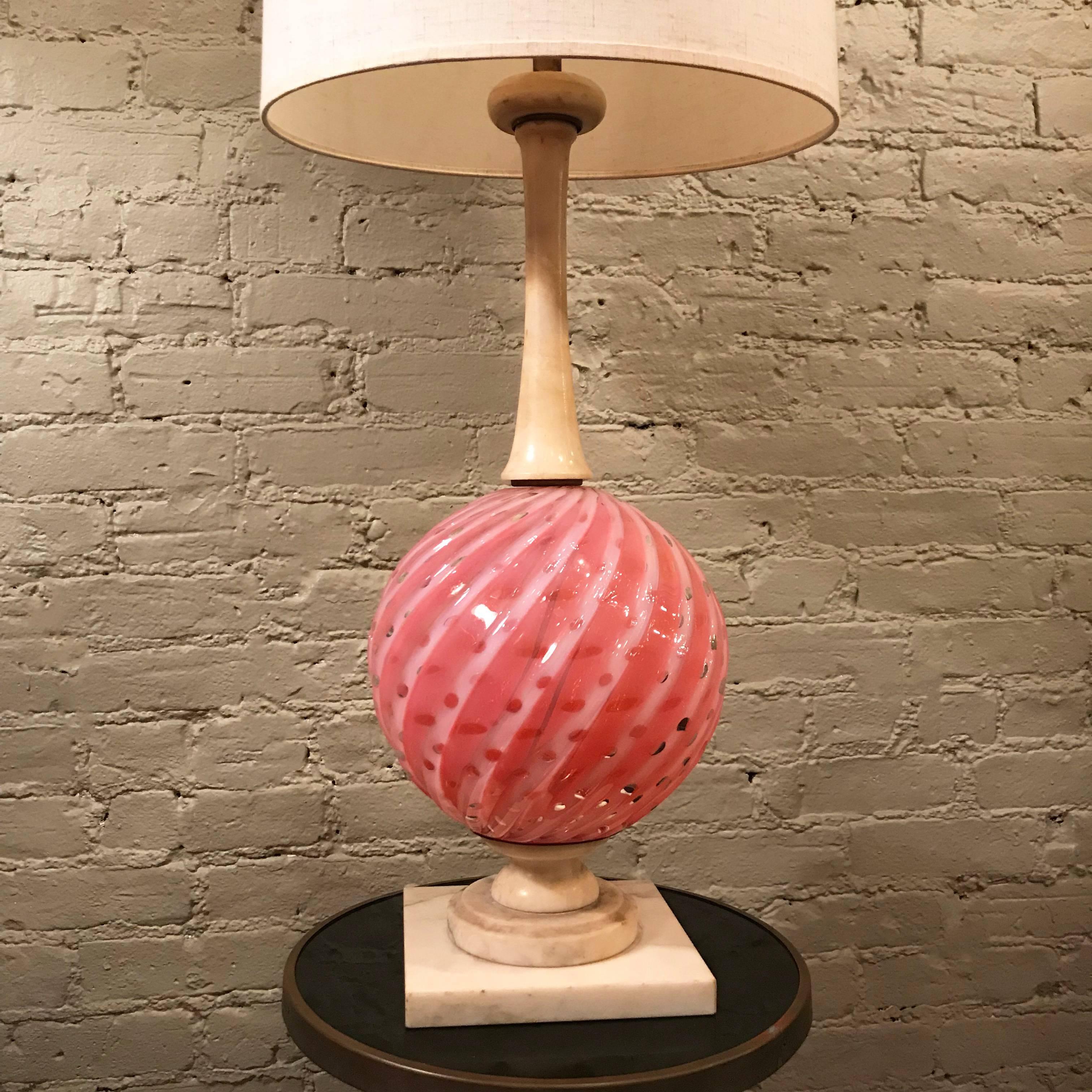 Italian Hollywood Regency Pink Murano Glass and Marble Table Lamp In Excellent Condition In Brooklyn, NY