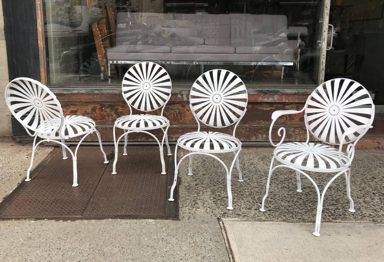 Art Deco Francois Carré Wrought Iron Sunburst Outdoor Patio Chair French Art Deco Francois Carré Wrought Iron Sunburst Outdoor Patio Chair Set For Sale - Art Deco Francois Carré Wrought Iron Sunburst Outdoor Patio Chair