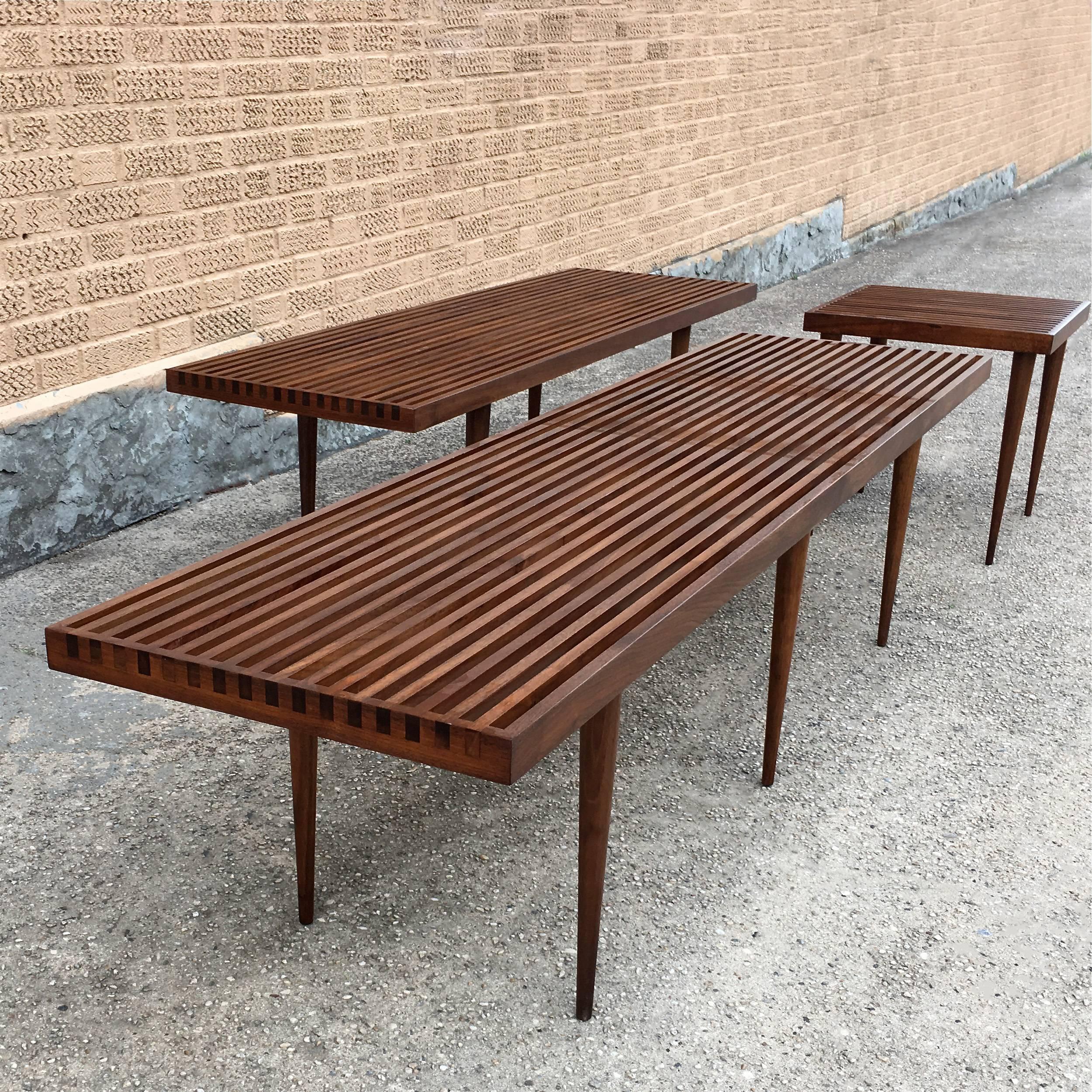 Mid-Century Modern Slat Walnut Coffee Table Bench by Mel Smilow 1