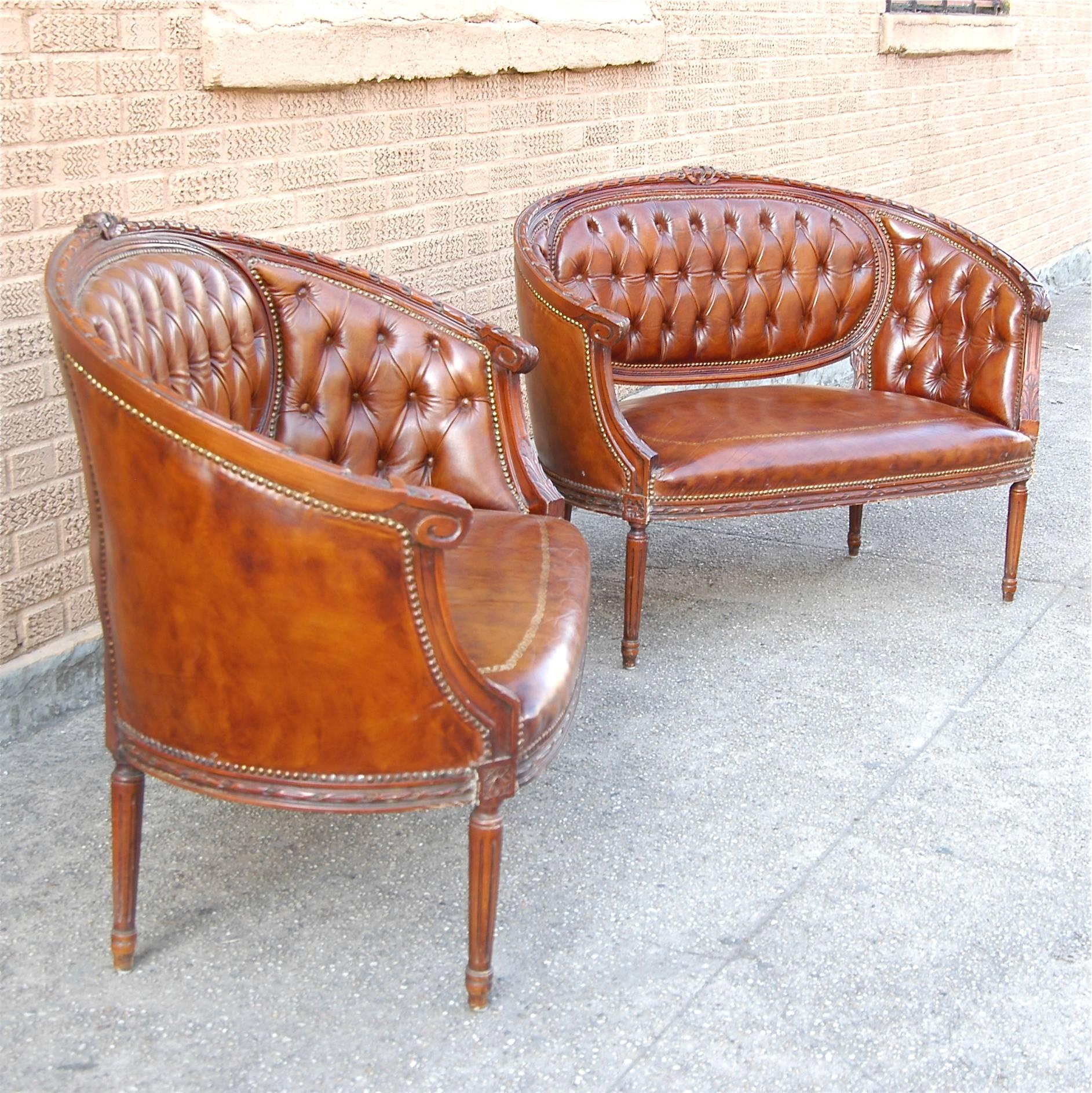 Victorian Pair of Italian Leather Tufted Settees