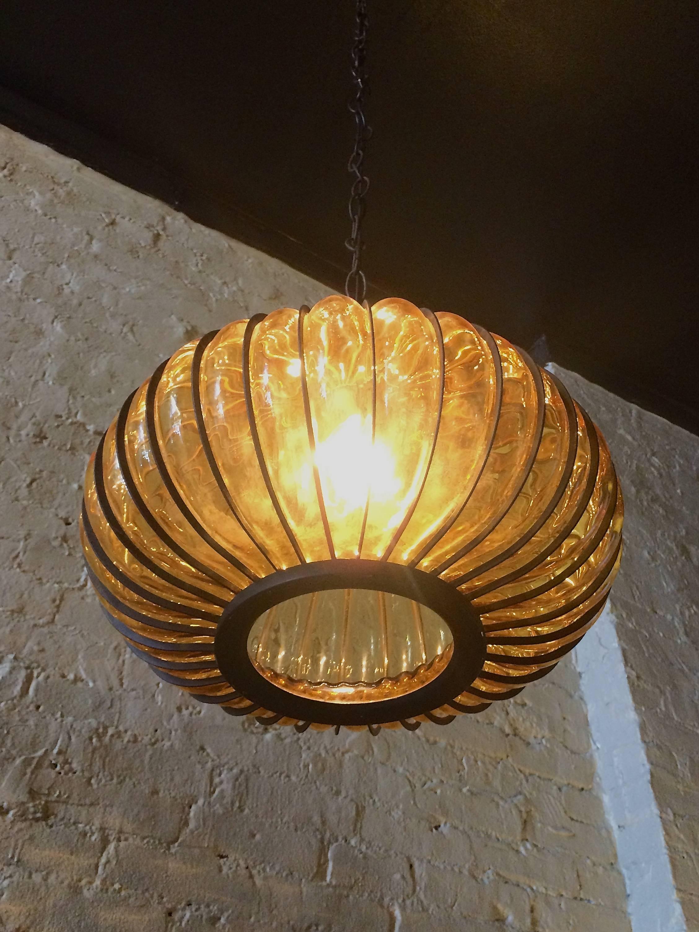 Mid-20th Century Hollywood Regency Amber Glass Pendant Light