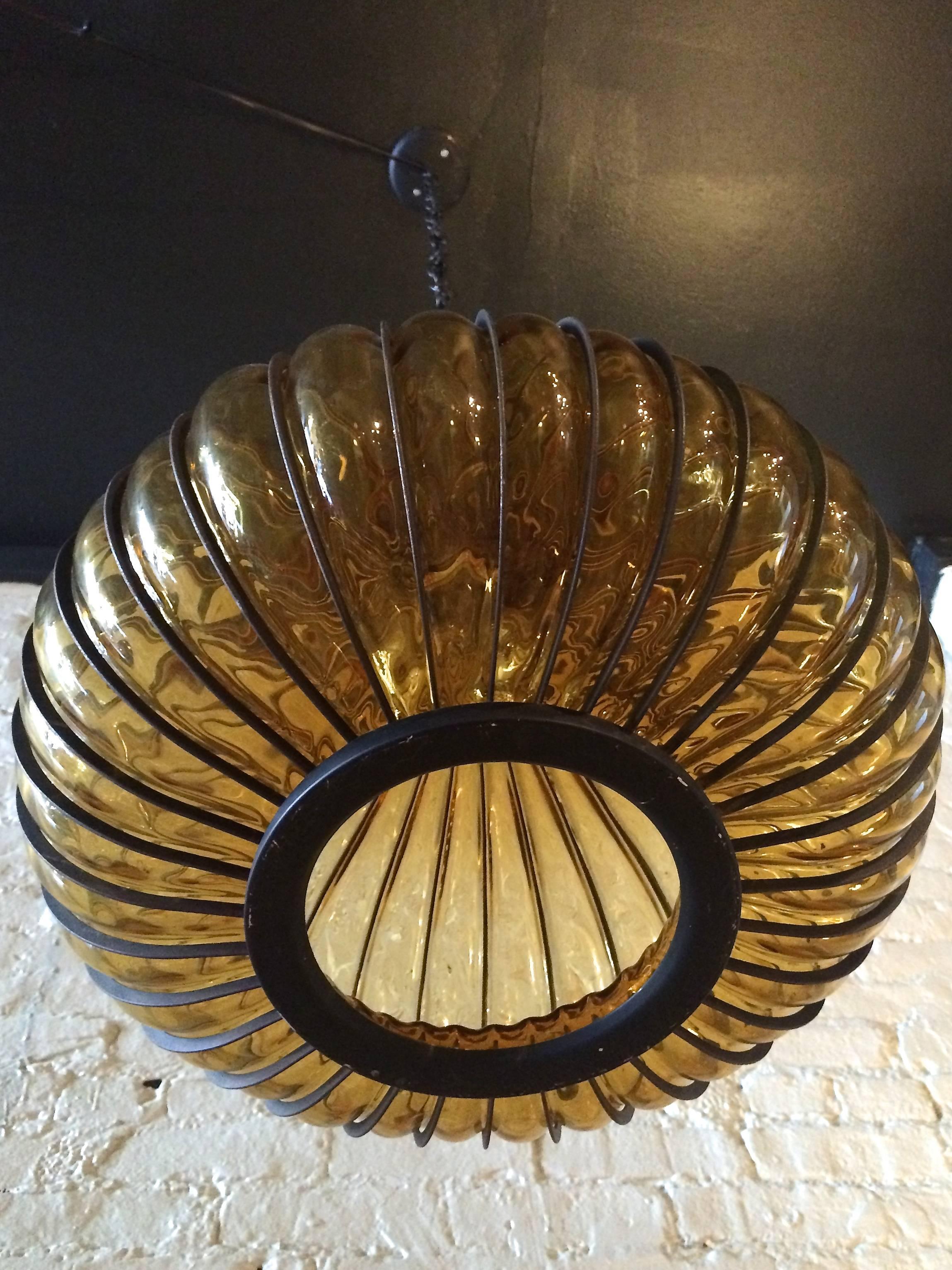 American Hollywood Regency Amber Glass Pendant Light