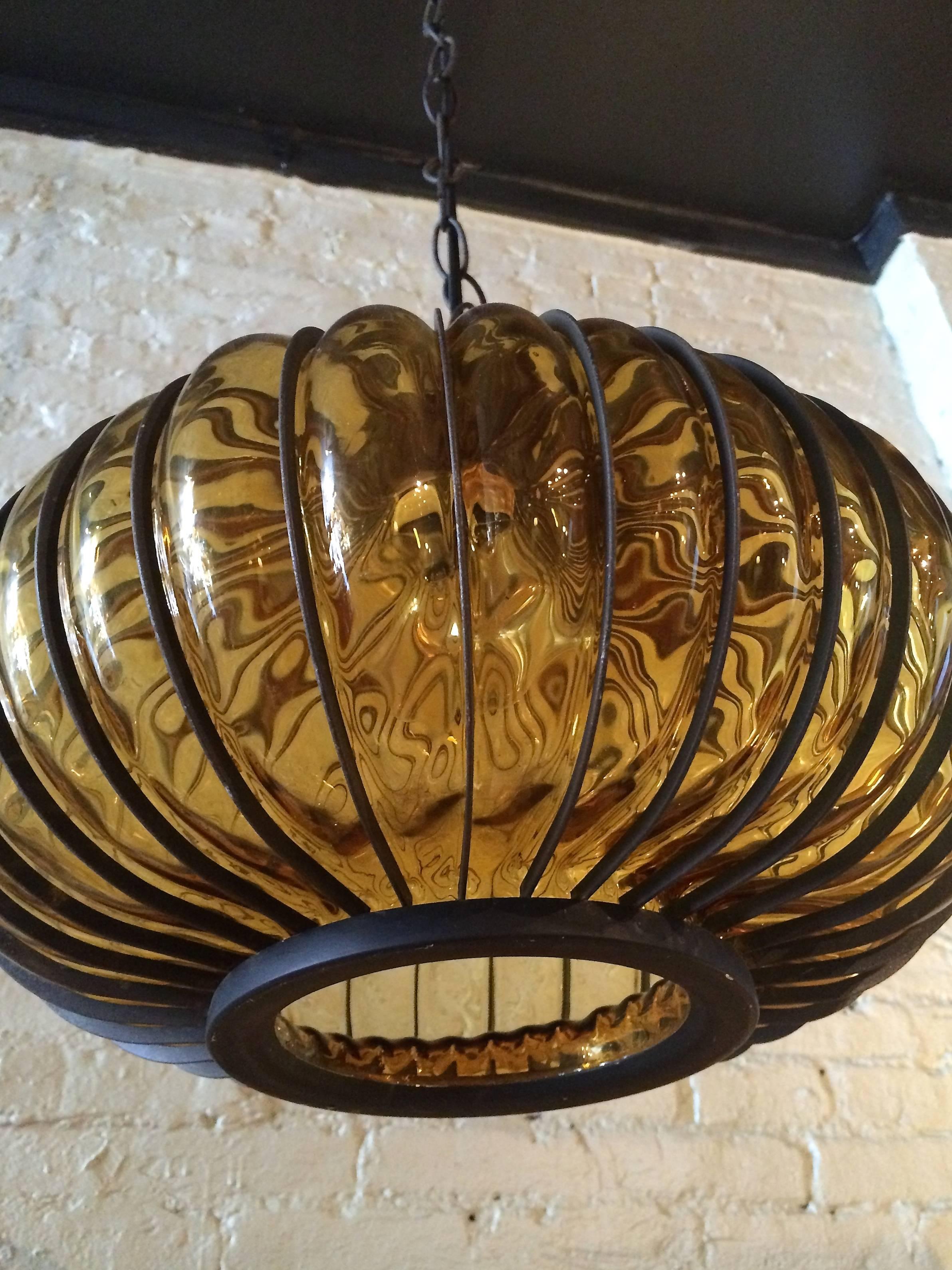 Hollywood Regency Amber Glass Pendant Light In Good Condition In Brooklyn, NY