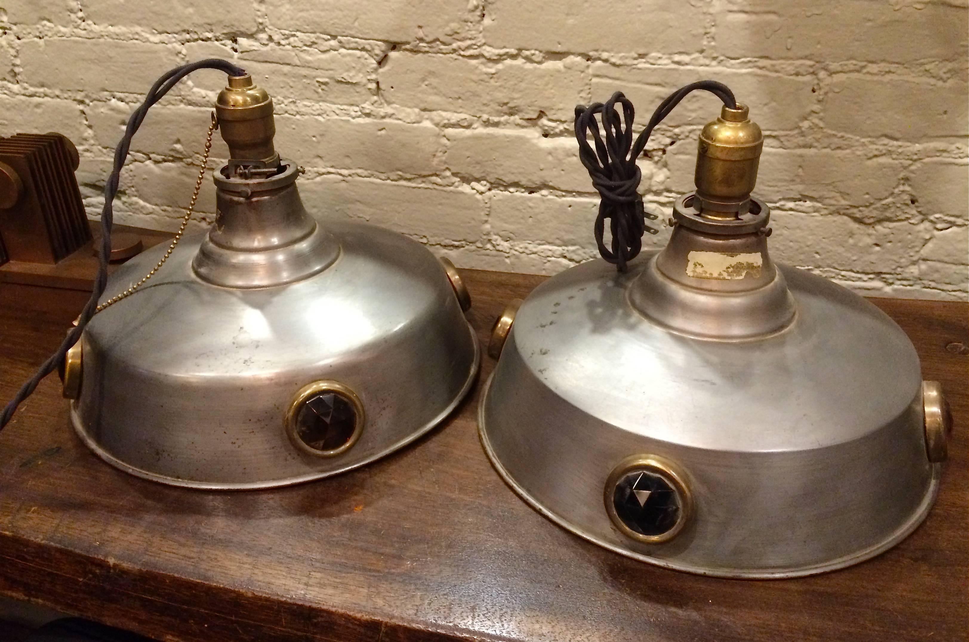 Pair of brushed steel, billiard, pool table pendant lights with jeweled, colored glass details and brass fitters, newly wired with braided cords. Height can be adjusted.