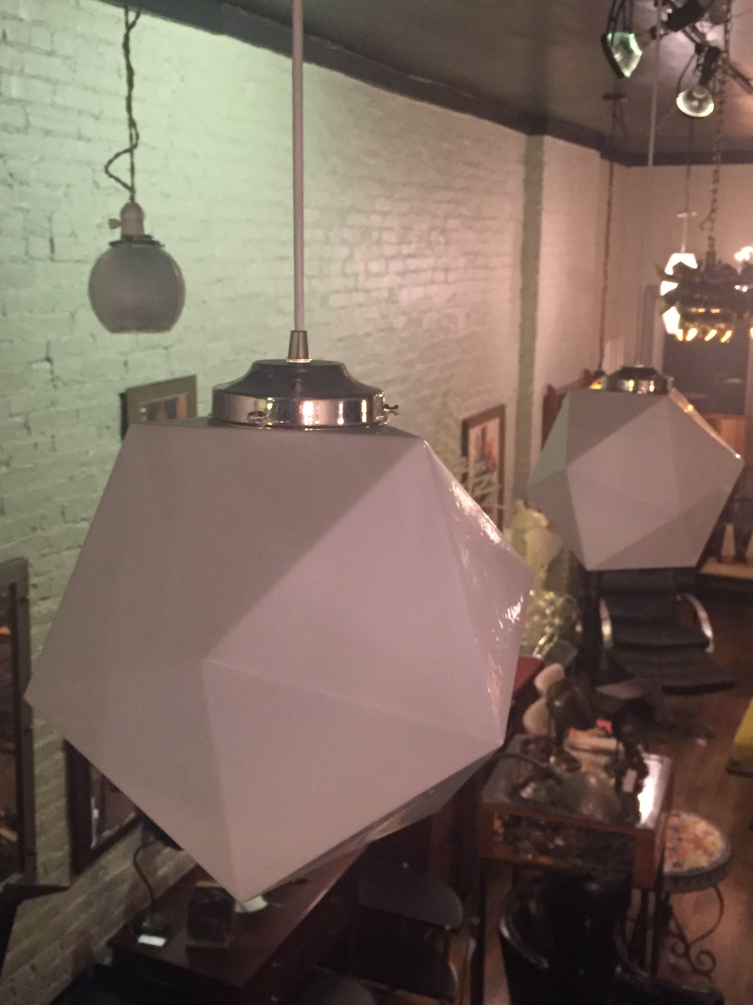 Mid-Century Faceted Milk Glass Geometric Pendant Light In Excellent Condition In Brooklyn, NY
