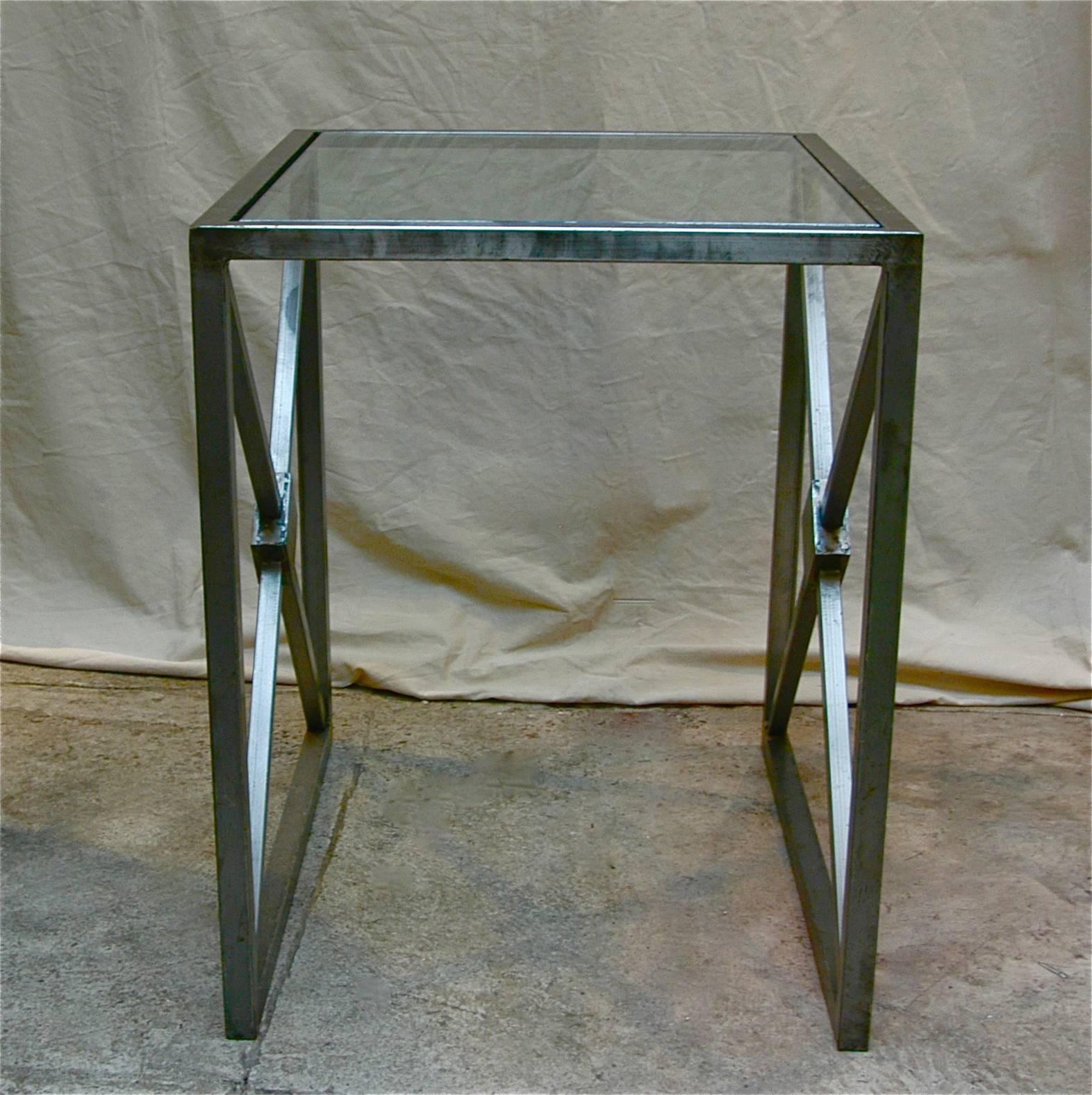 Hollywood Regency Brushed Steel and Glass Side Table