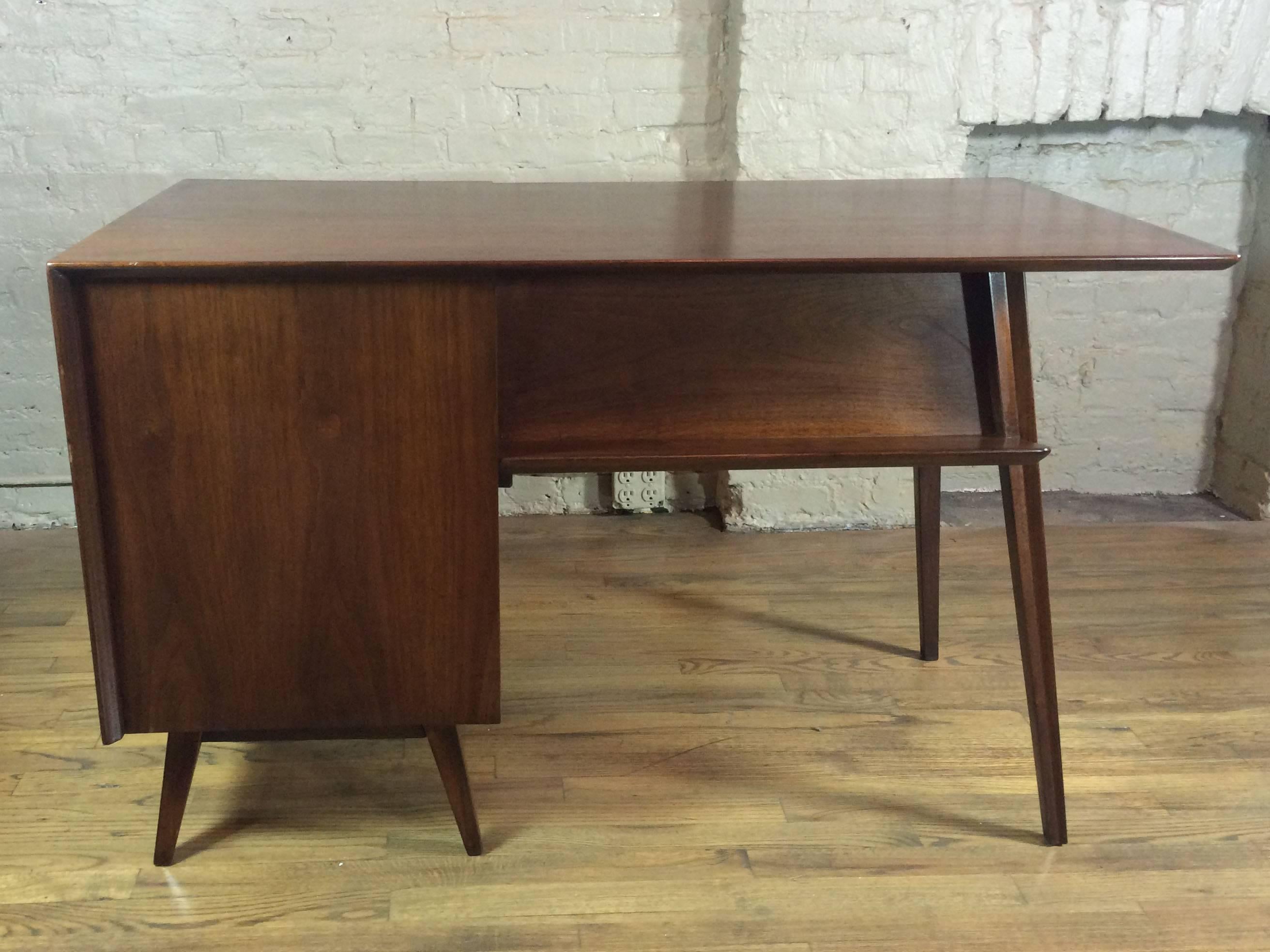 Mid-Century modern, solid walnut, single pedestal desk with display shelf on the back is stunning from all angles