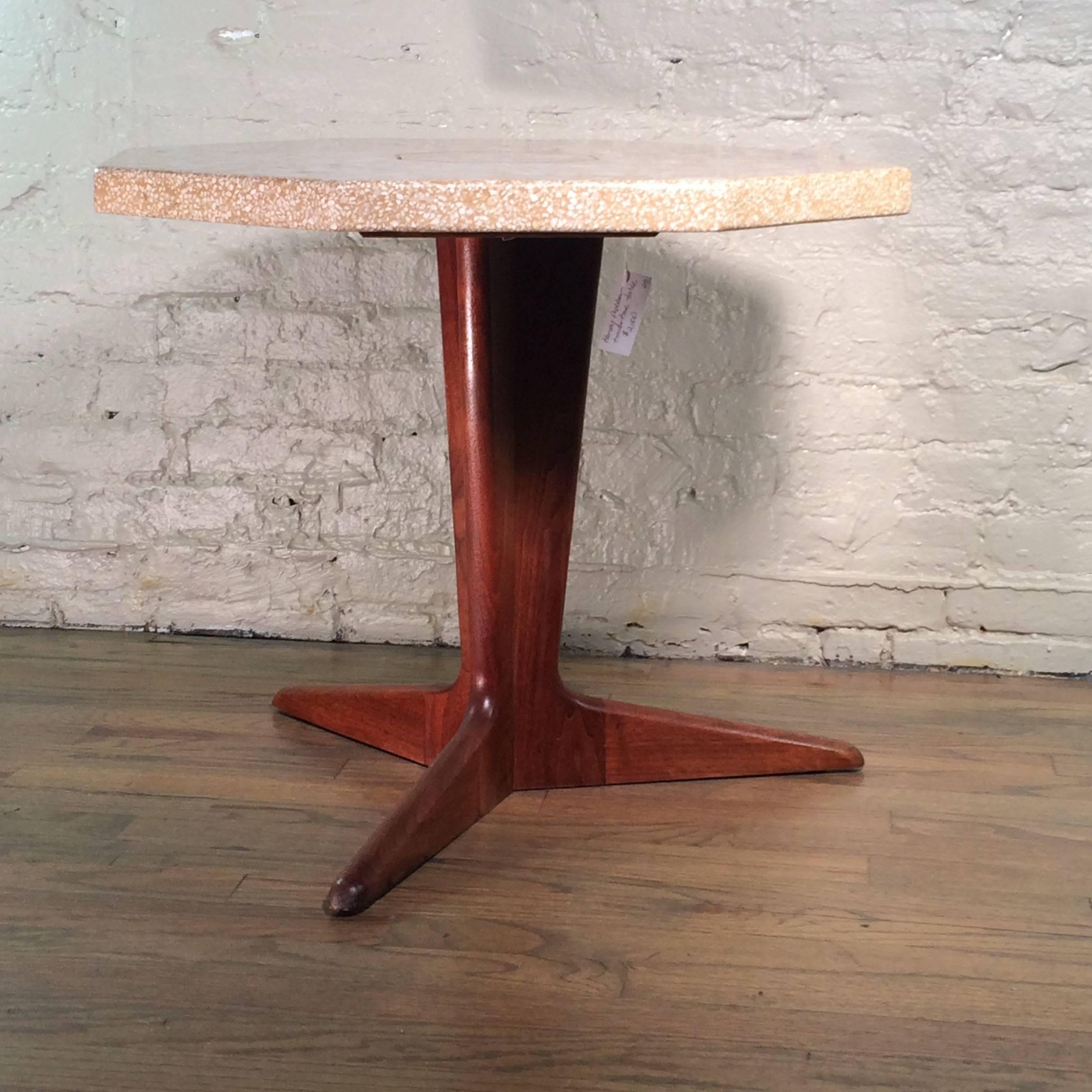 Mid-Century Modern side table custom ordered by Harvey Probber with octagonal, mosaic, terrazzo top by Probber and walnut pedestal base by Masellino Scarpetti.