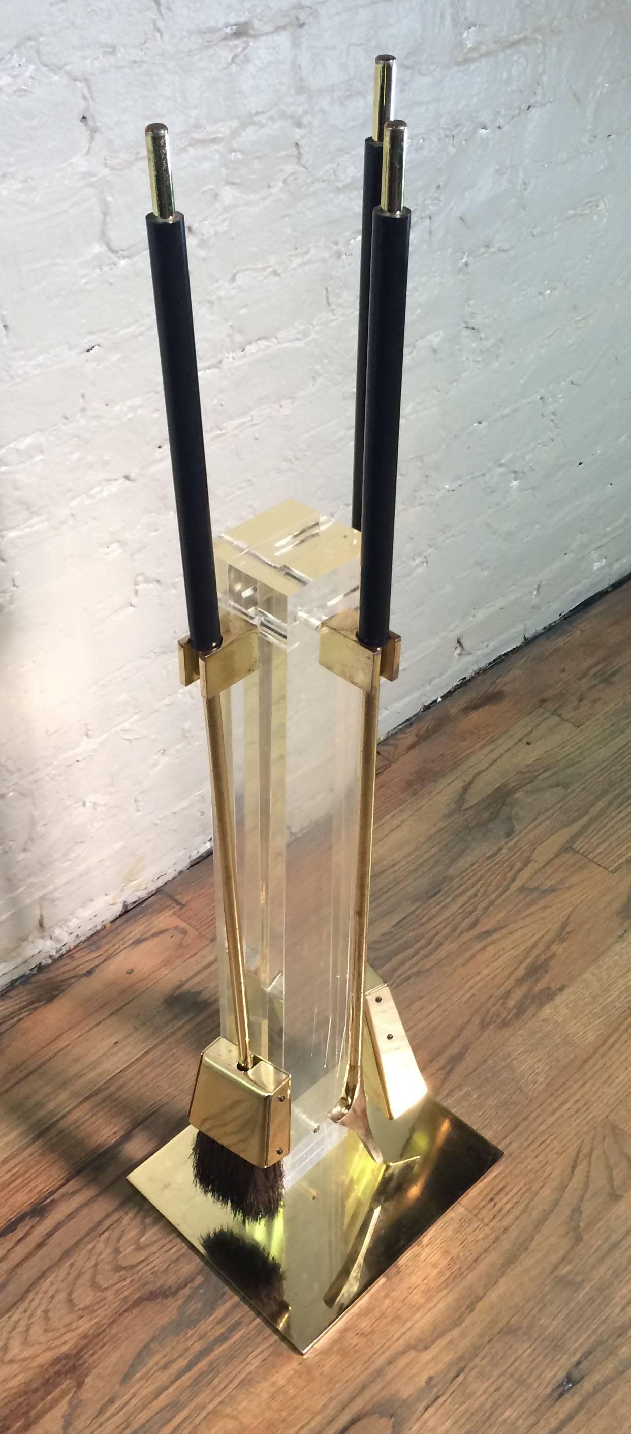 Hollywood Regency Alessandro Albrizzi Lucite and Brass Fireplace Tools