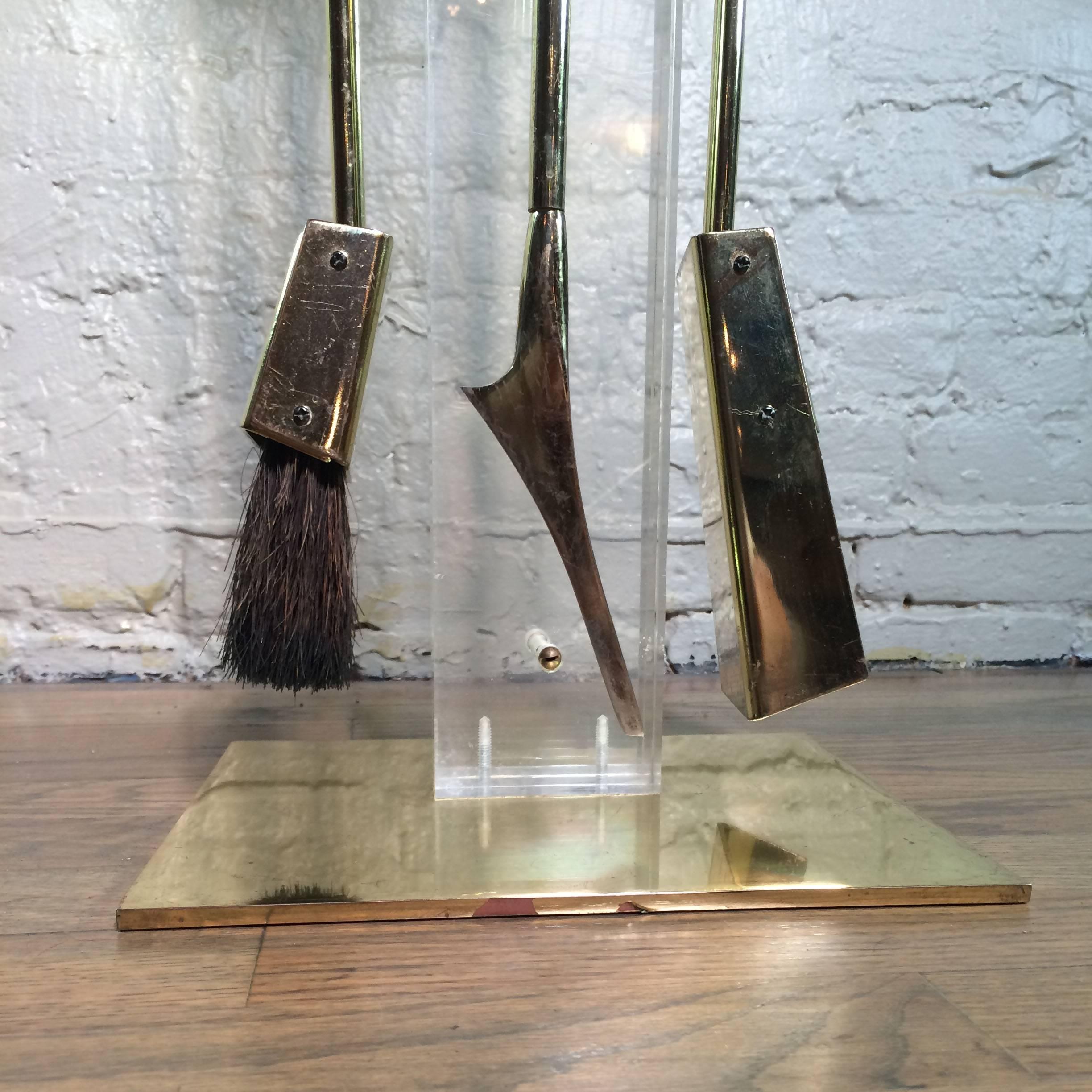 Acrylic Alessandro Albrizzi Lucite and Brass Fireplace Tools