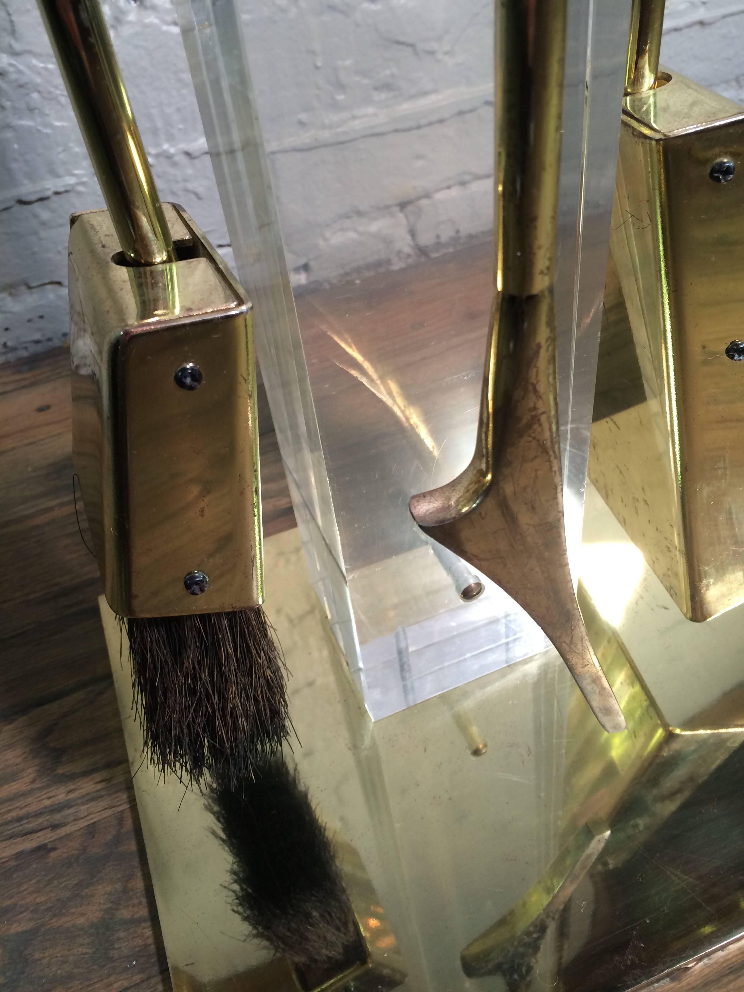 Alessandro Albrizzi Lucite and Brass Fireplace Tools 1