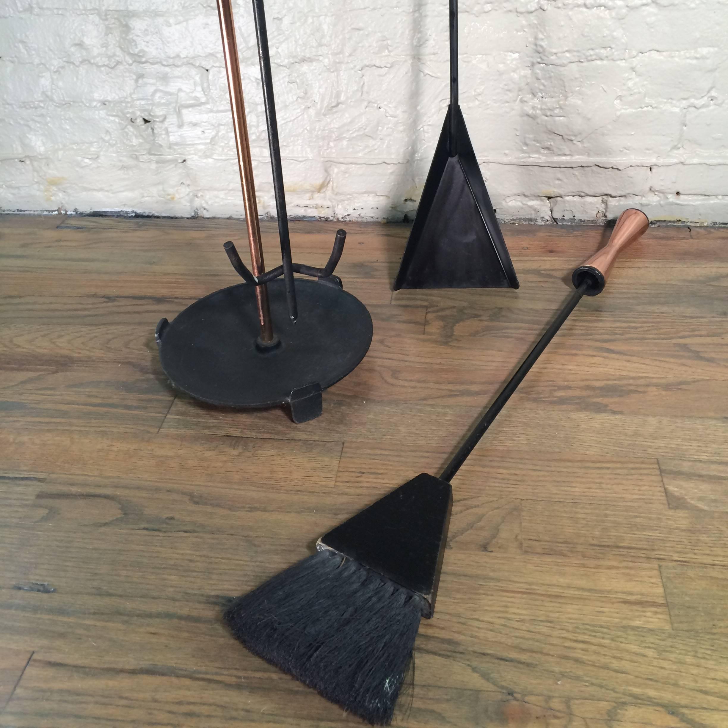 Mid-20th Century Mid-Century Modern Copper Handle And Wrought Iron Fireplace Tools