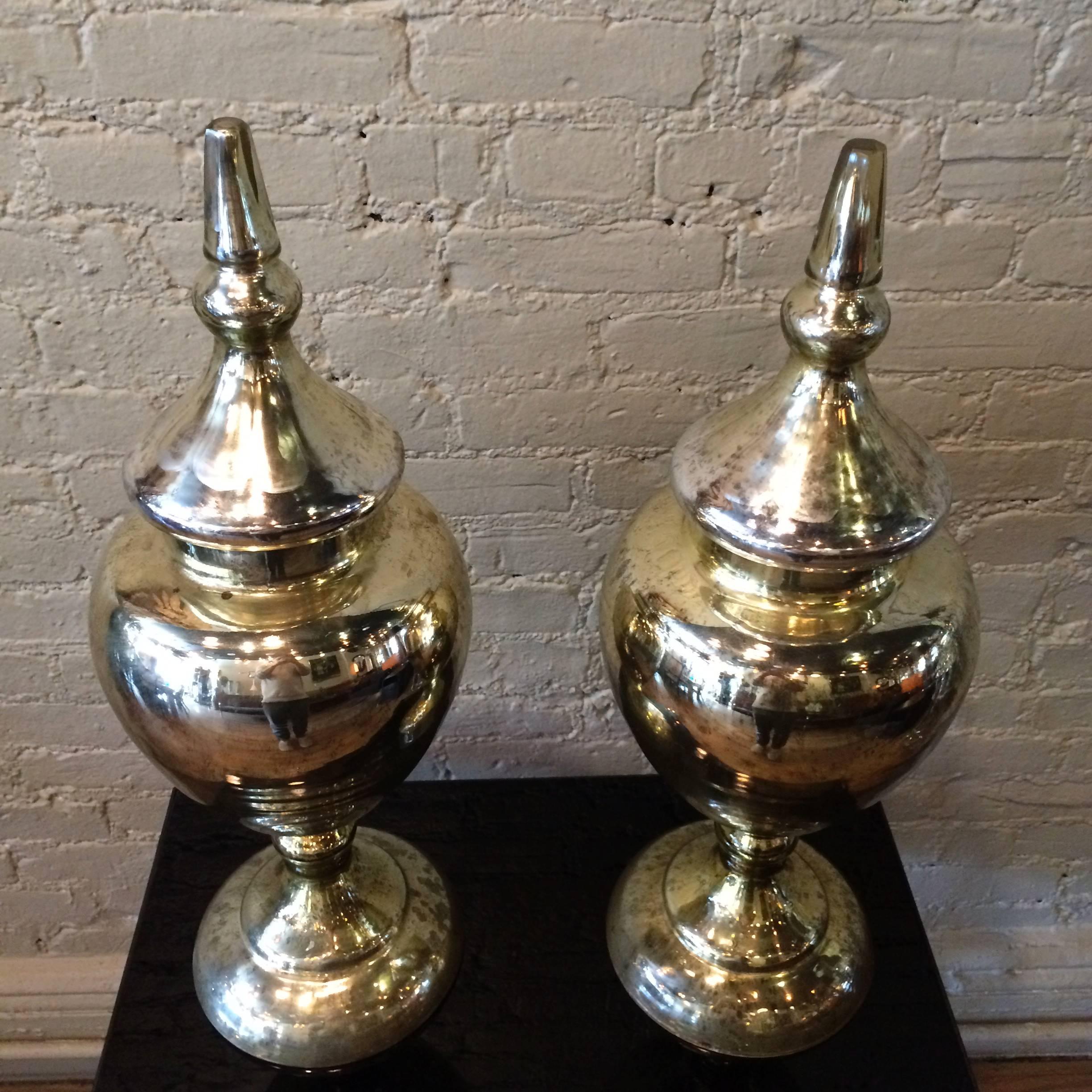 Bohemian Pair of Mercury Glass Urns