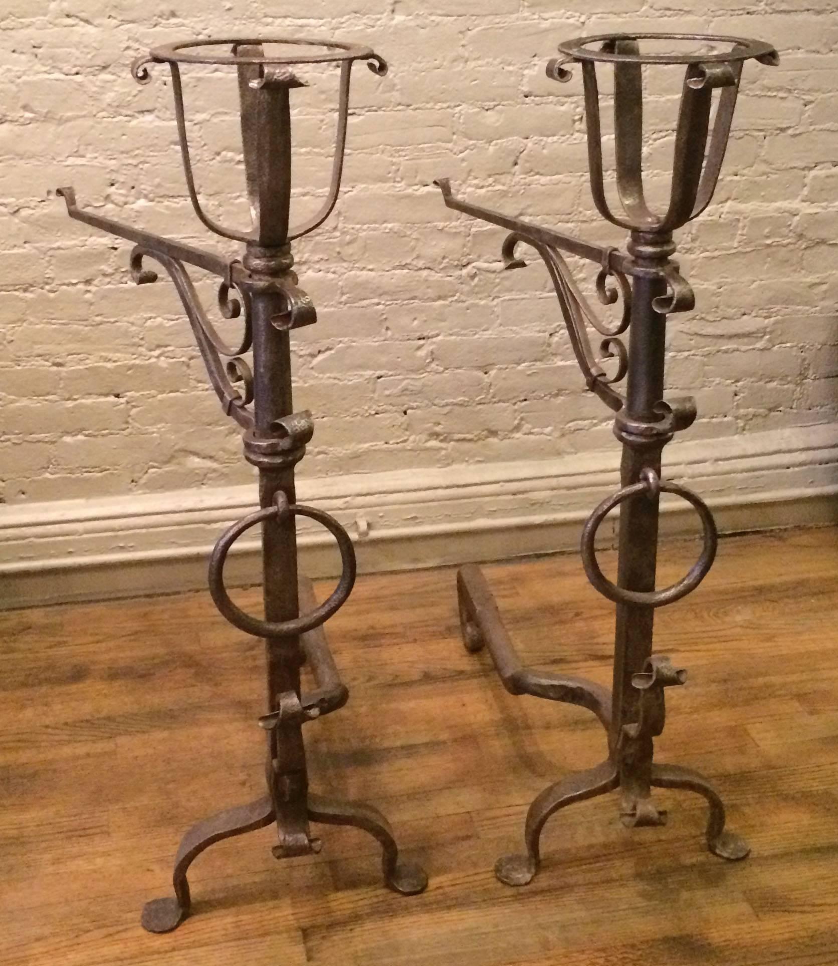 Pair of Gothic Wrought Iron Andirons in the Style of Samuel Yellin 1