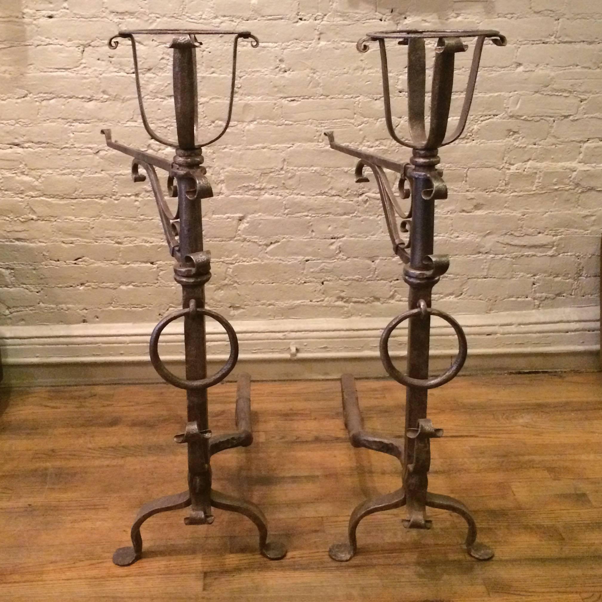 American Pair of Gothic Wrought Iron Andirons in the Style of Samuel Yellin