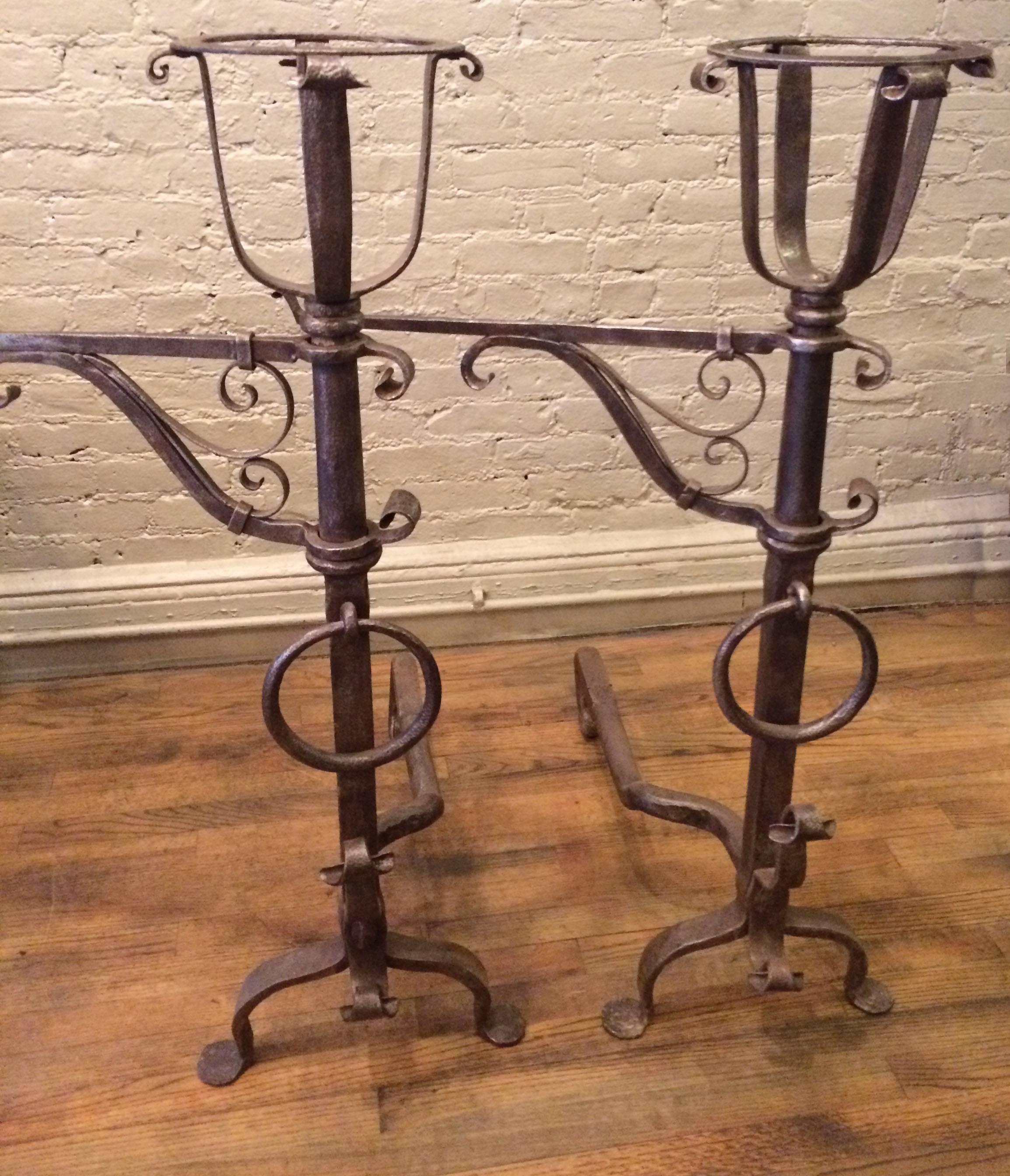 Pair of Gothic Wrought Iron Andirons in the Style of Samuel Yellin 3