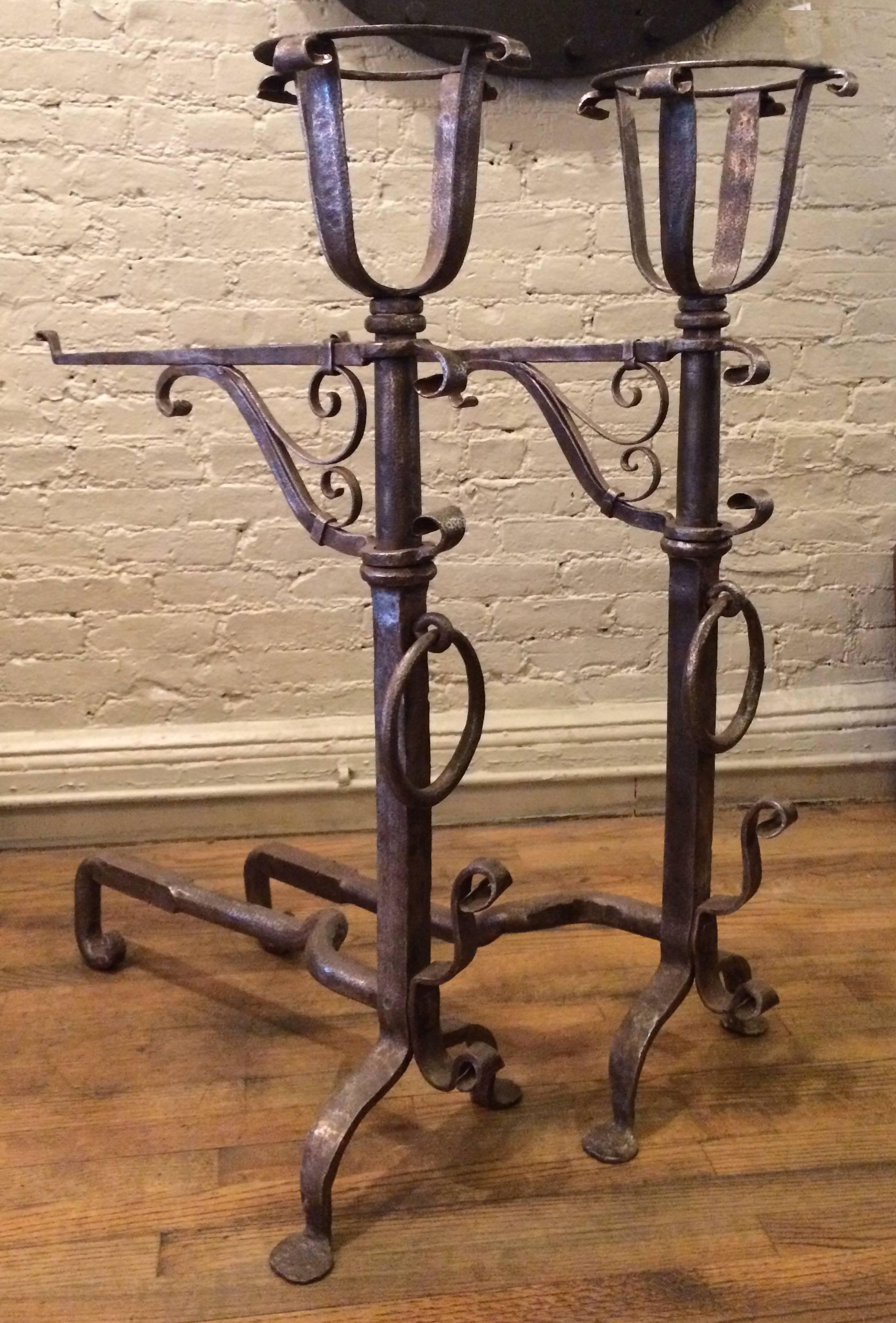 19th Century Pair of Gothic Wrought Iron Andirons in the Style of Samuel Yellin