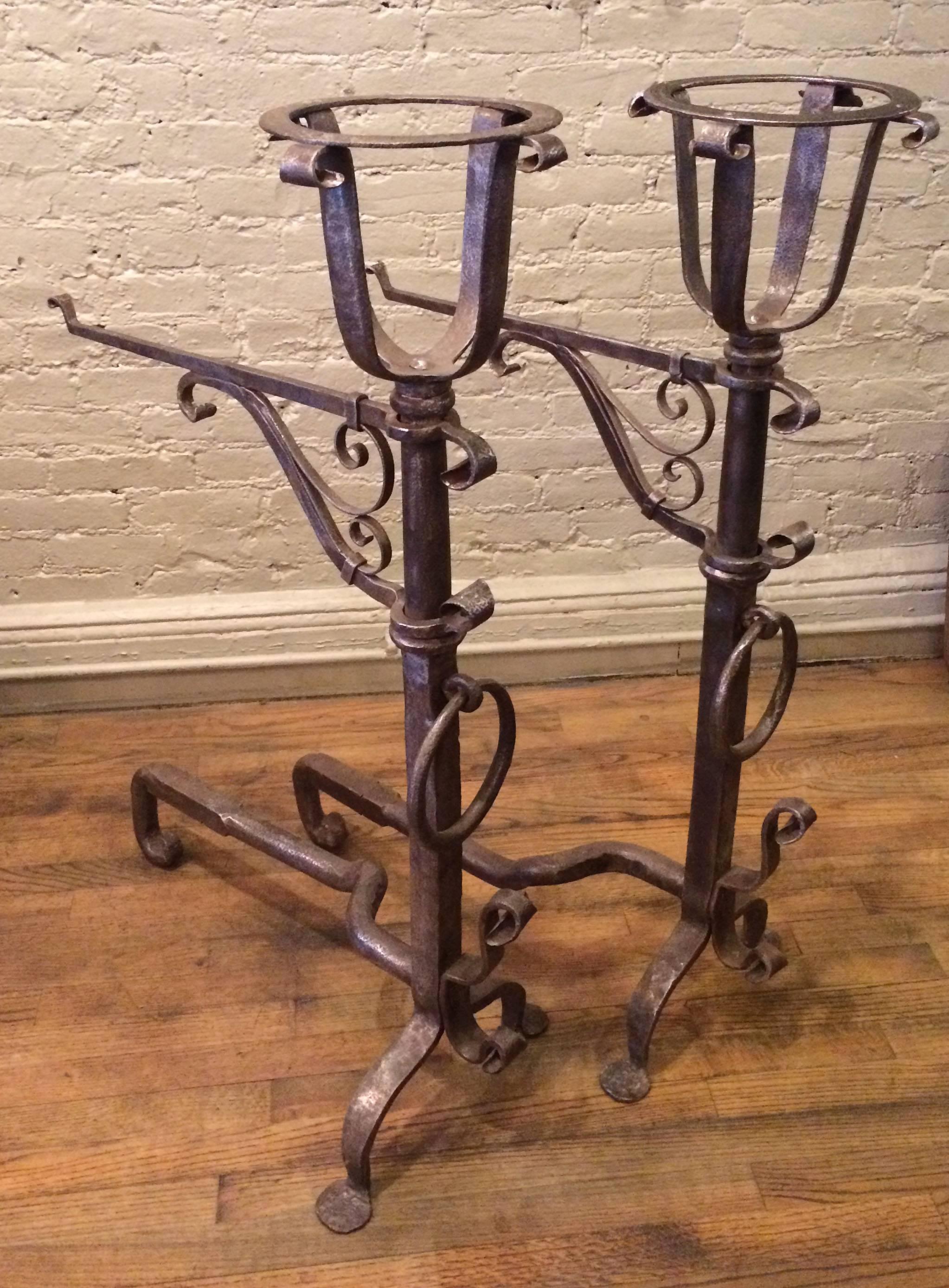 Pair of Gothic Wrought Iron Andirons in the Style of Samuel Yellin 4