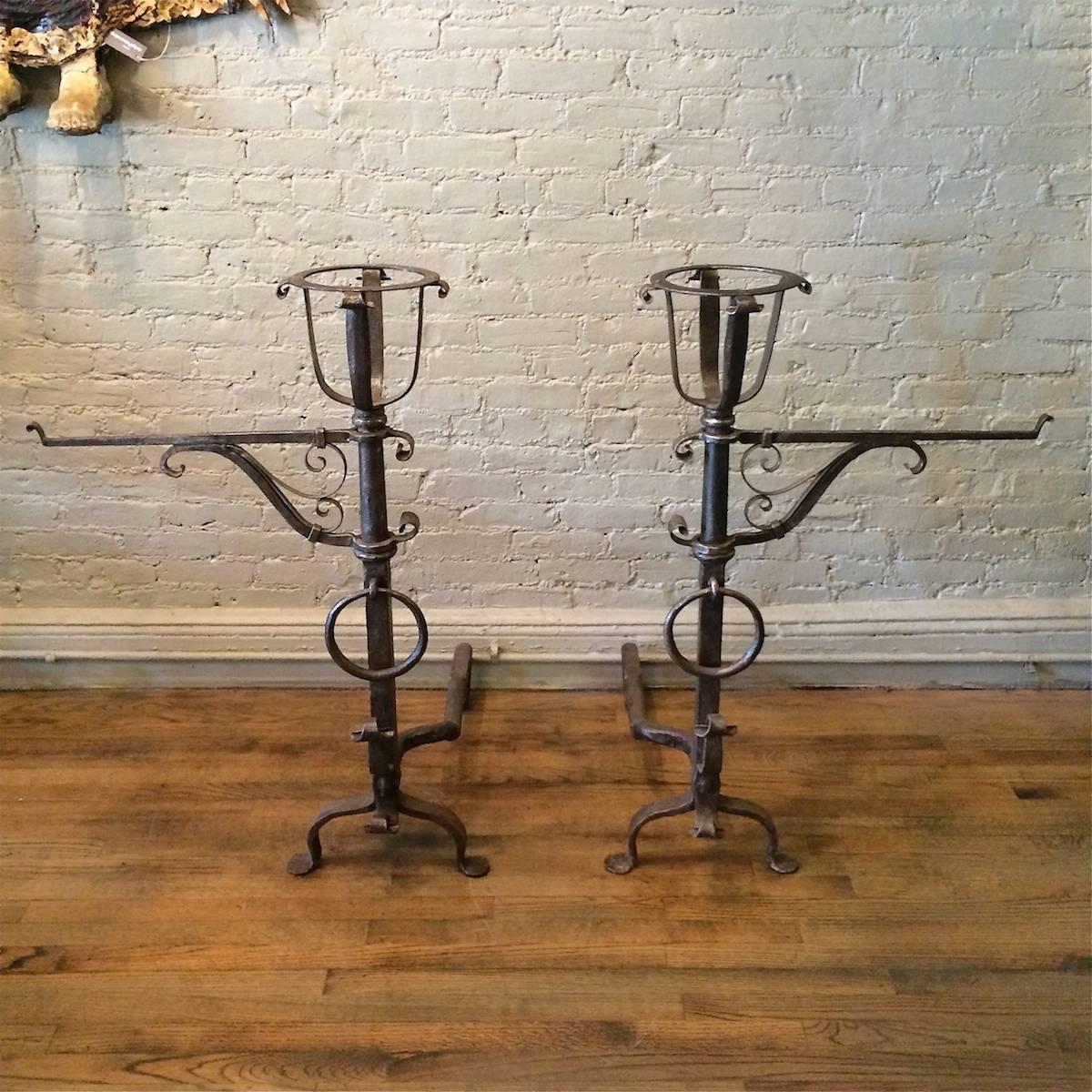 Pair of Gothic Wrought Iron Andirons in the Style of Samuel Yellin In Good Condition In Brooklyn, NY