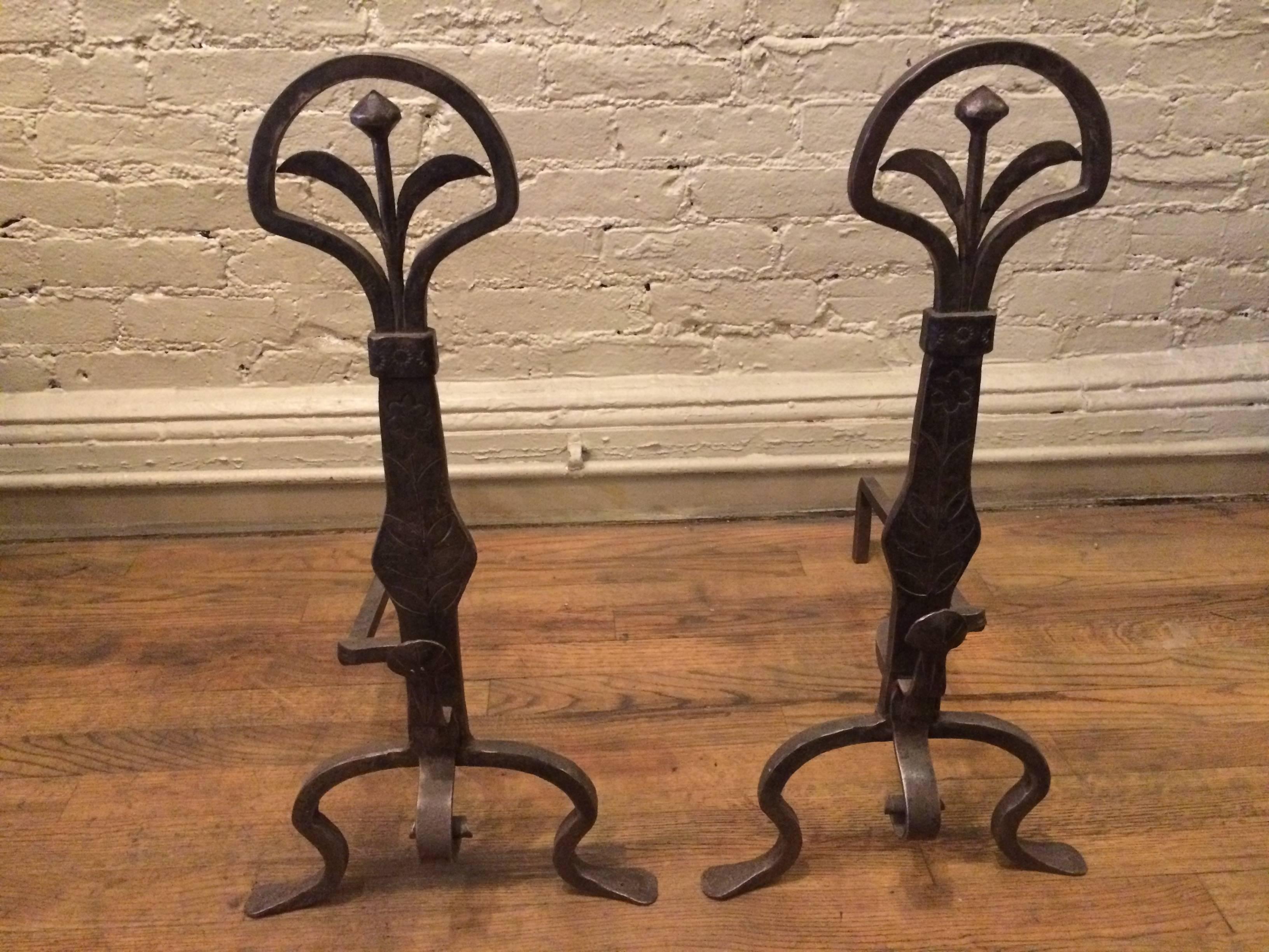 American Pair of Wrought Iron Victorian Andirons