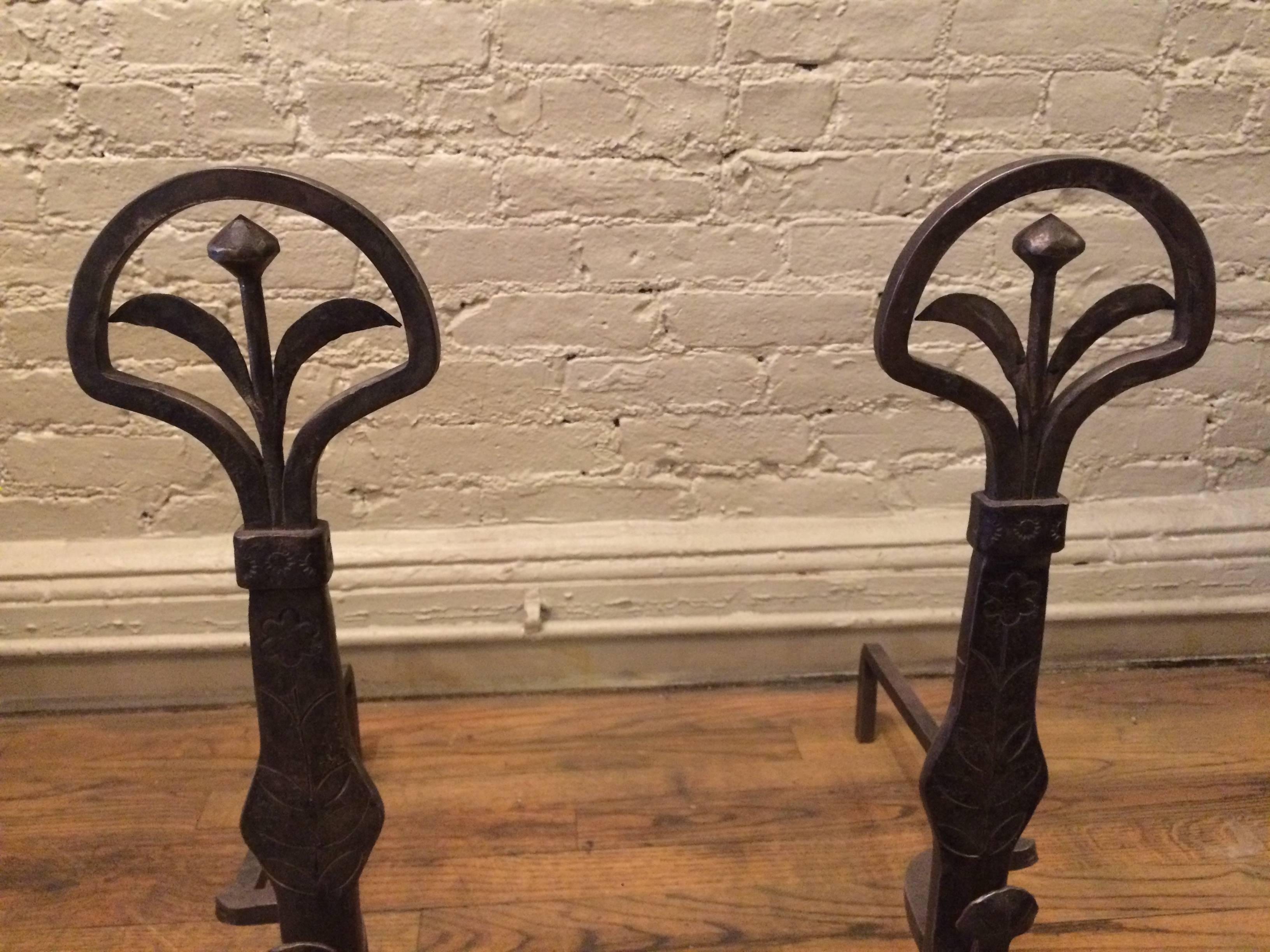 Pair of Wrought Iron Victorian Andirons In Excellent Condition In Brooklyn, NY