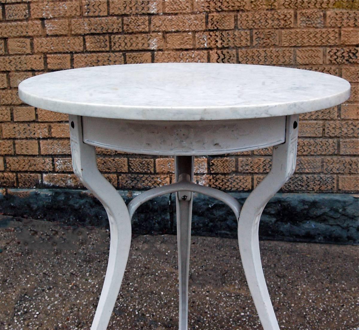 American Industrial White Marble Café Table with Baked Enamel Base
