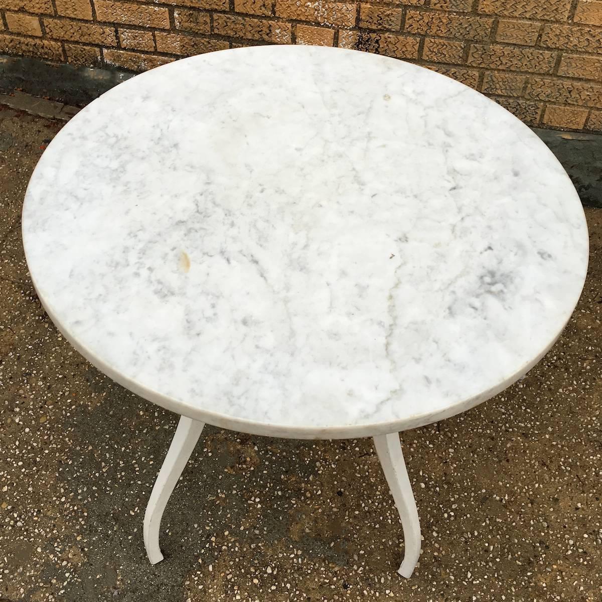 Early 20th Century Industrial White Marble Café Table with Baked Enamel Base