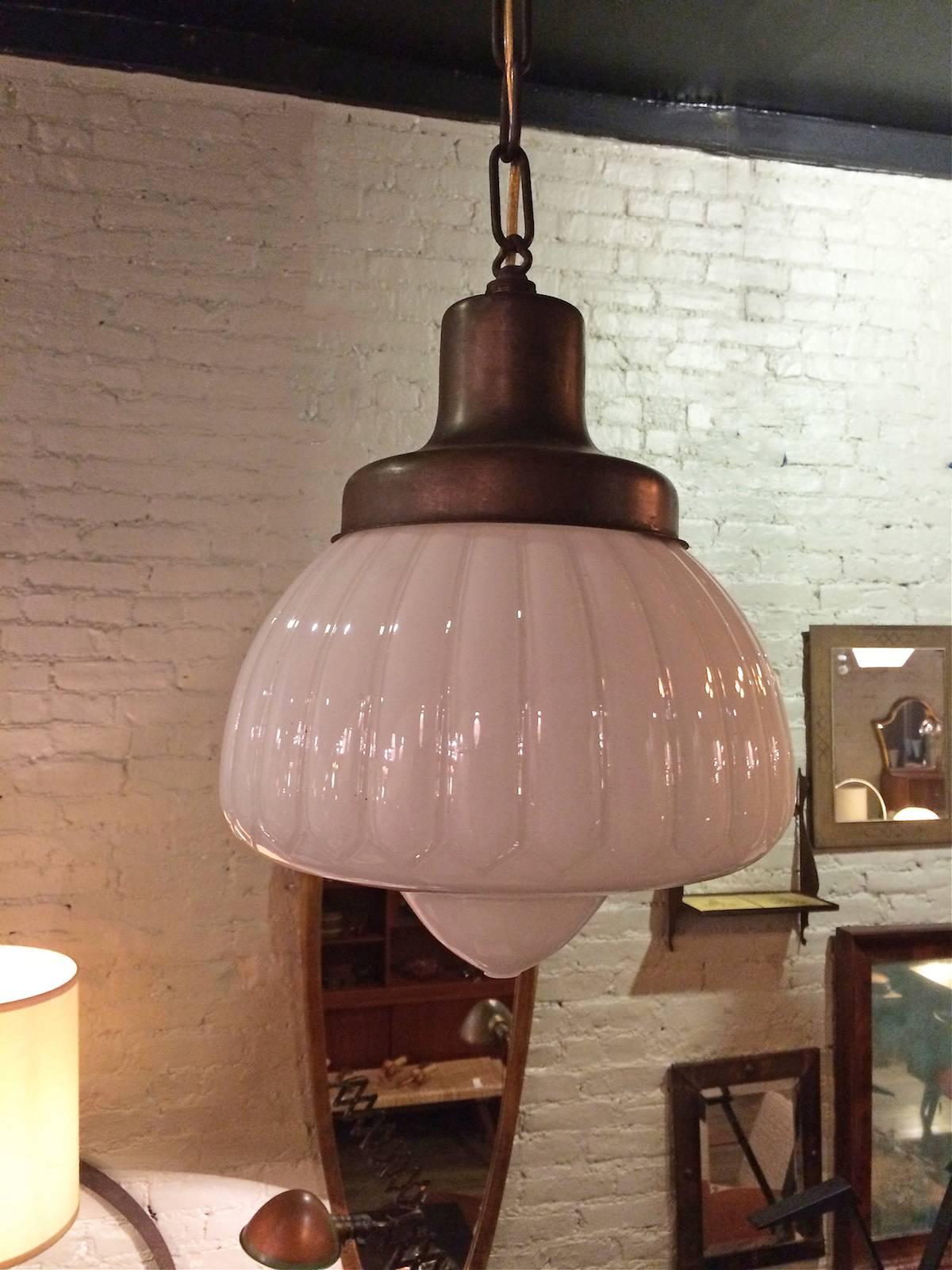 Set of Three Fancy Fluted Milk Glass Library, Pharmacy Pendant Lights In Excellent Condition In Brooklyn, NY