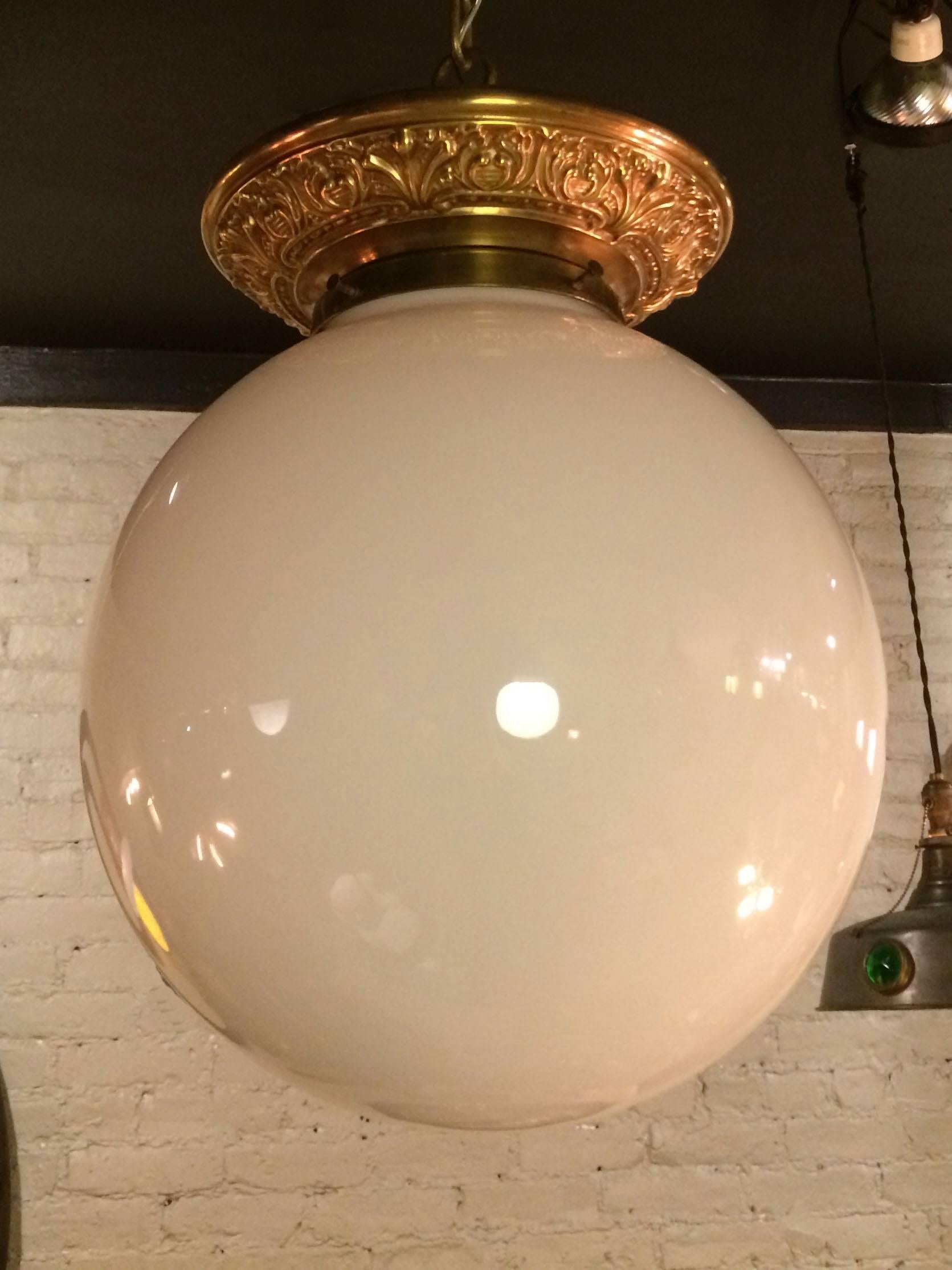 Industrial 1920s Rare Filigree Brass Fitter Handblown Milk Glass Library Pendant Light