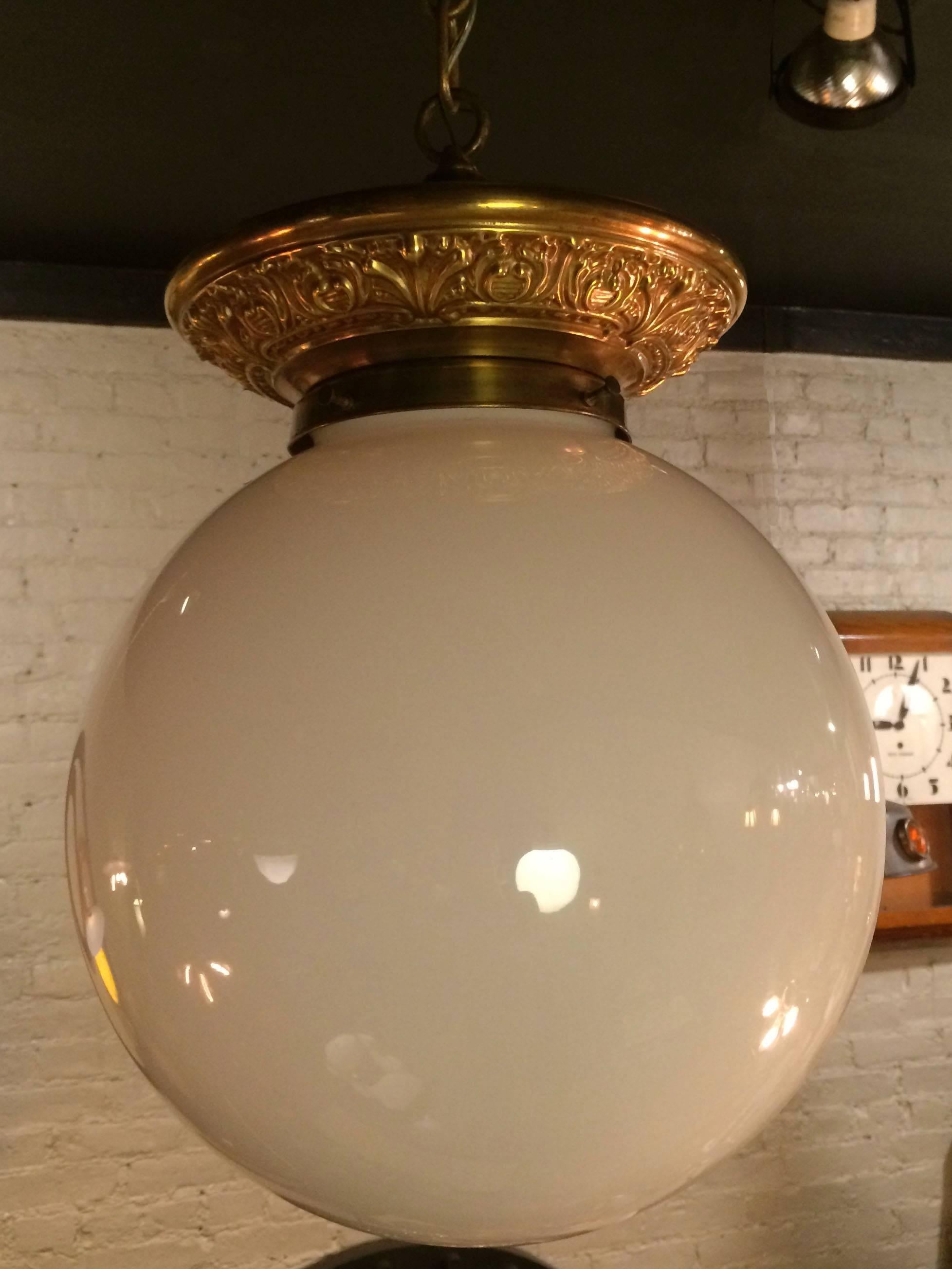 American 1920s Rare Filigree Brass Fitter Handblown Milk Glass Library Pendant Light