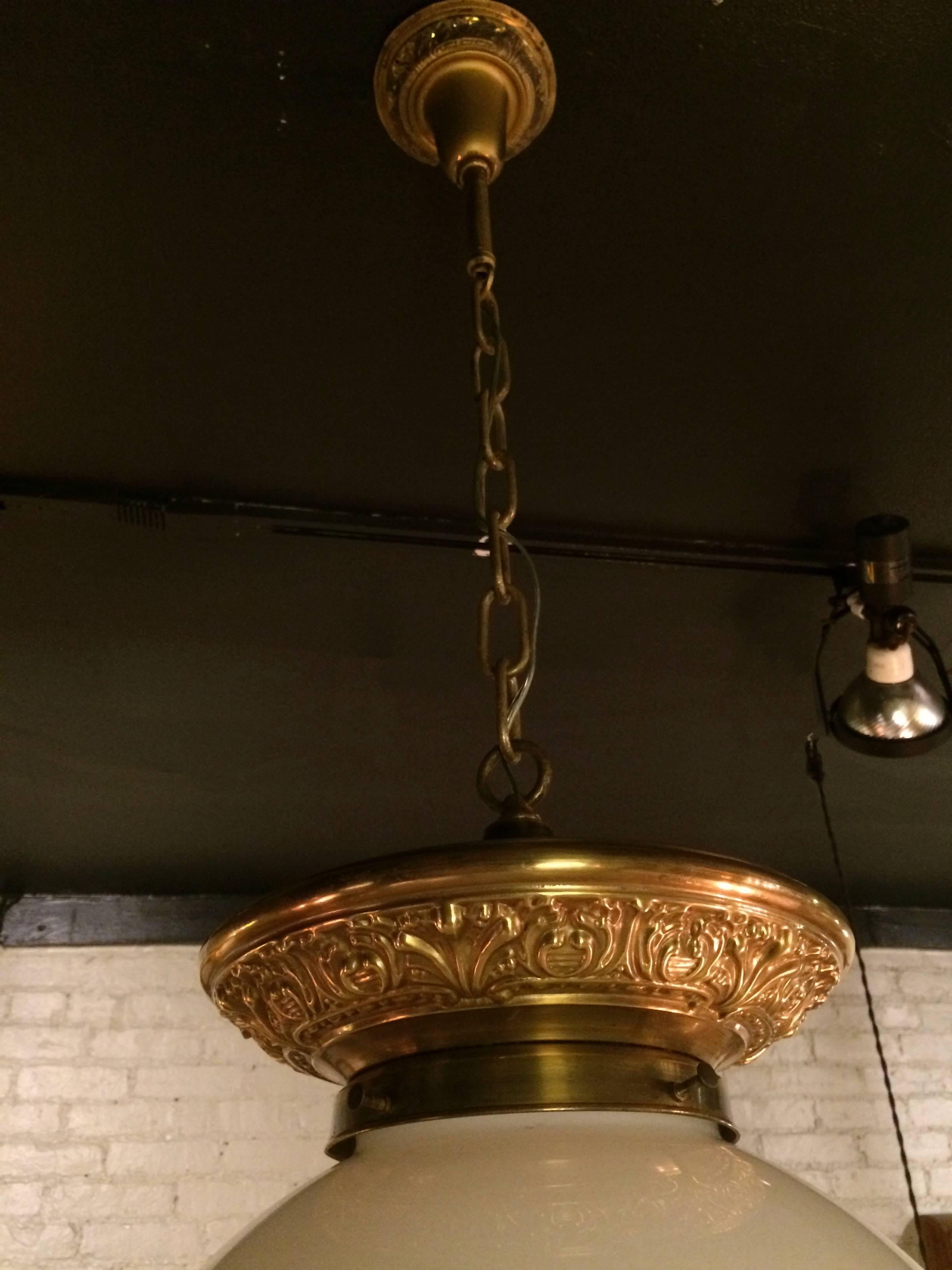 1920s Rare Filigree Brass Fitter Handblown Milk Glass Library Pendant Light In Good Condition In Brooklyn, NY