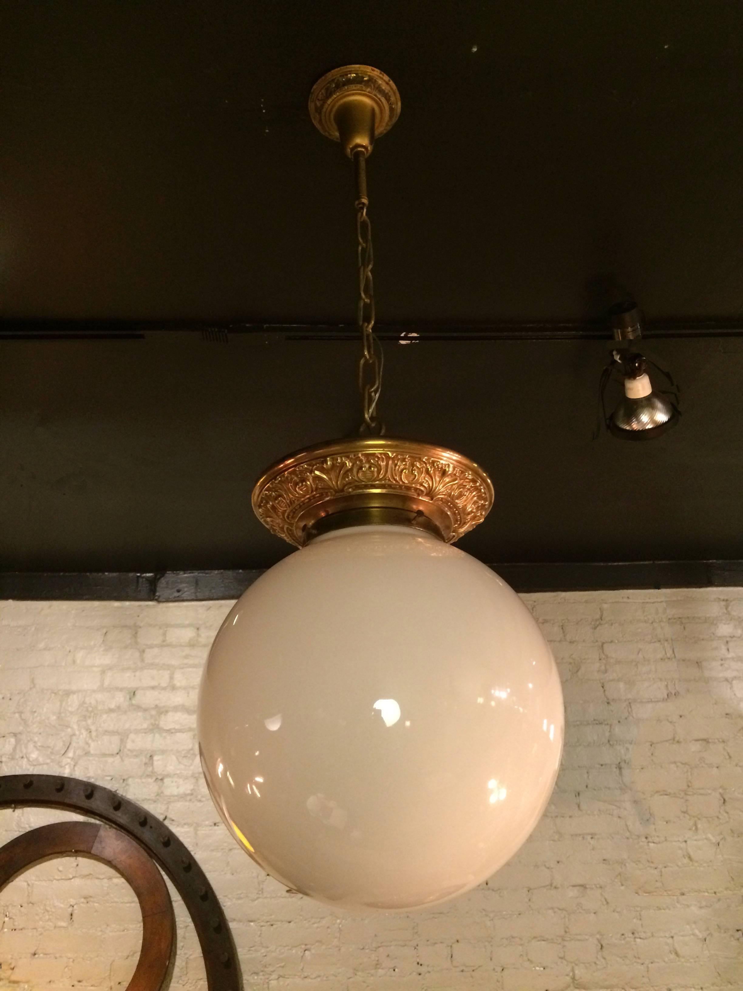 1920s Rare Filigree Brass Fitter Handblown Milk Glass Library Pendant Light 1